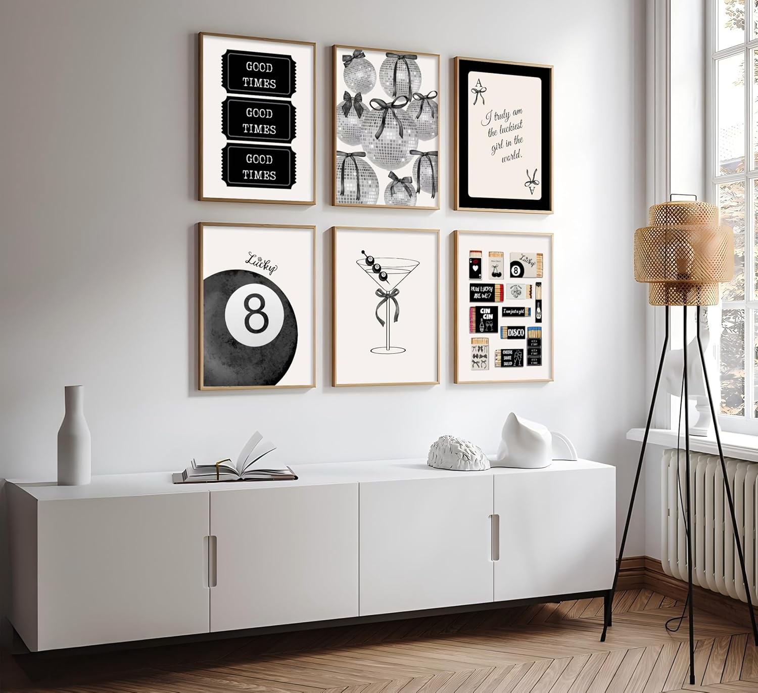 Fashion Black White Preppy Wall Art Funky Bows Disco Lucky 8 Balls Matchbox Picture Wall Decor Vintage Tickets Ace Painting Prints Martini Cocktail Y2K Posters Artwork for Girl Room Dorm Apartment