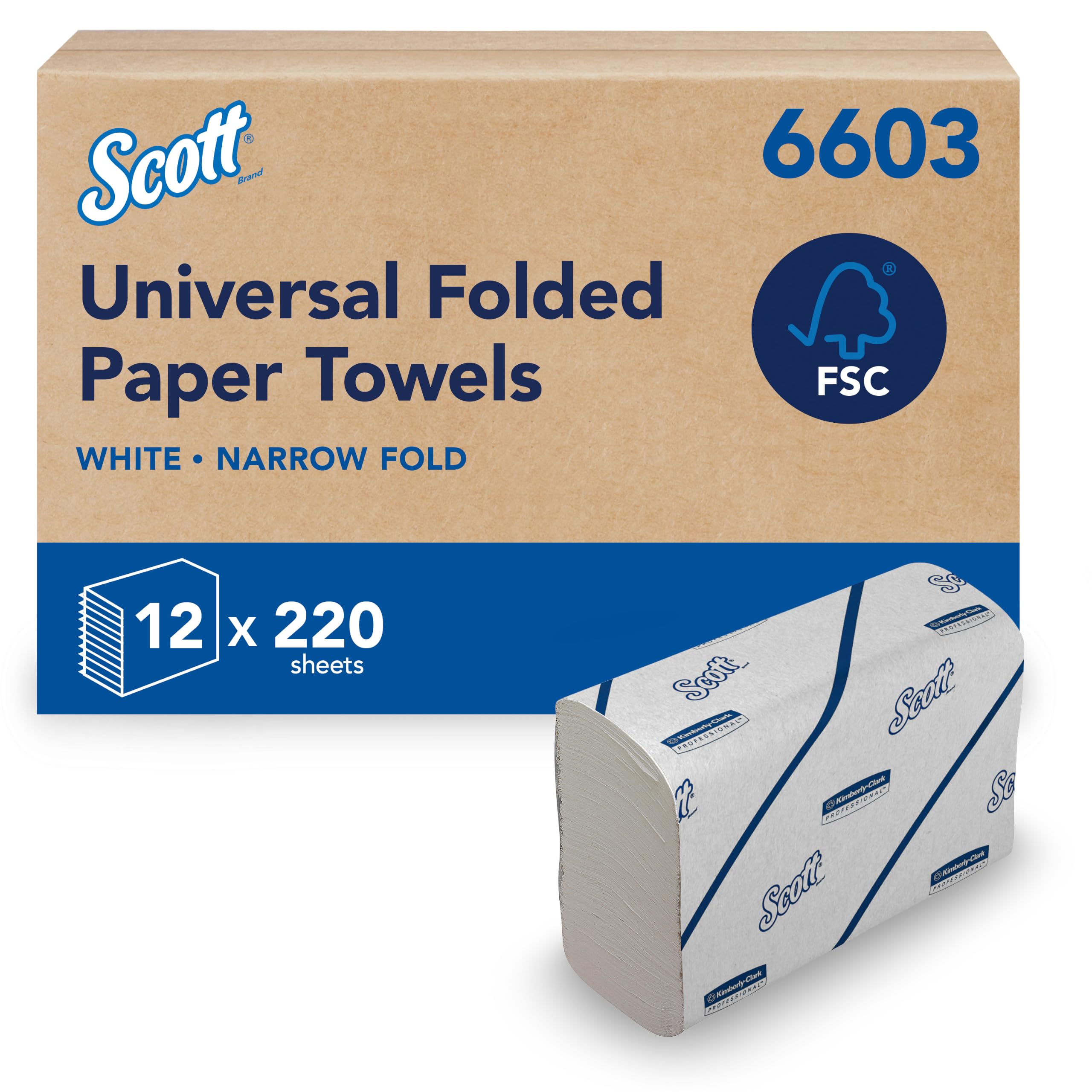 Scott Essential Hand Towels, Narrow-Fold 2-Ply White Paper Towels, Soft, Absorbent, FSC Certified, Compatible with Multifold Dispensers, 12 Clips x 220 Sheets (2,640 Sheets Total), Model Nr. 6603