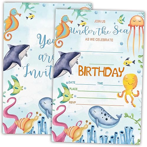 AWSICE Invitaciones de cumpleaños bajo el mar, tarjetas de invitación rellenas de doble cara para fiestas de cumpleaños, niños, niñas, niños,