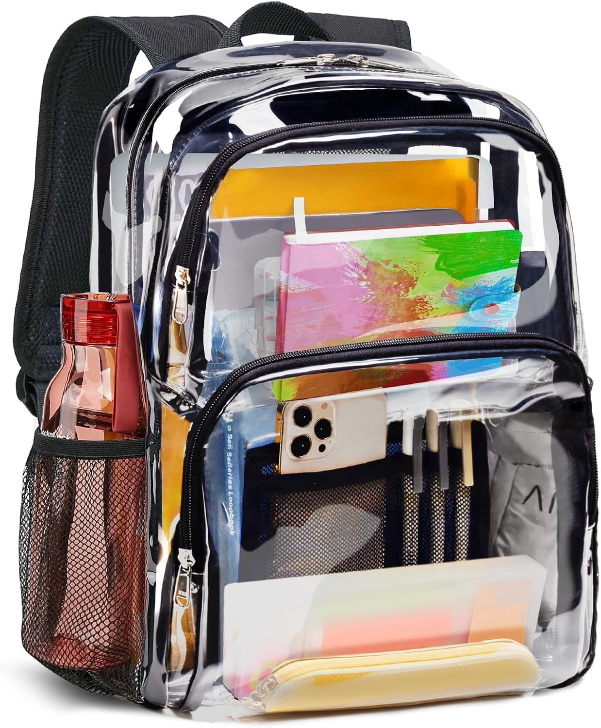 Vorspack Clear Backpack Heavy Duty, Large Transparent Clear Bookbag, Black | See Through Backpacks with Padded Straps, Multi-pockets, Thicker PVC, Plastic Clear Bag for College Work Travel Festival