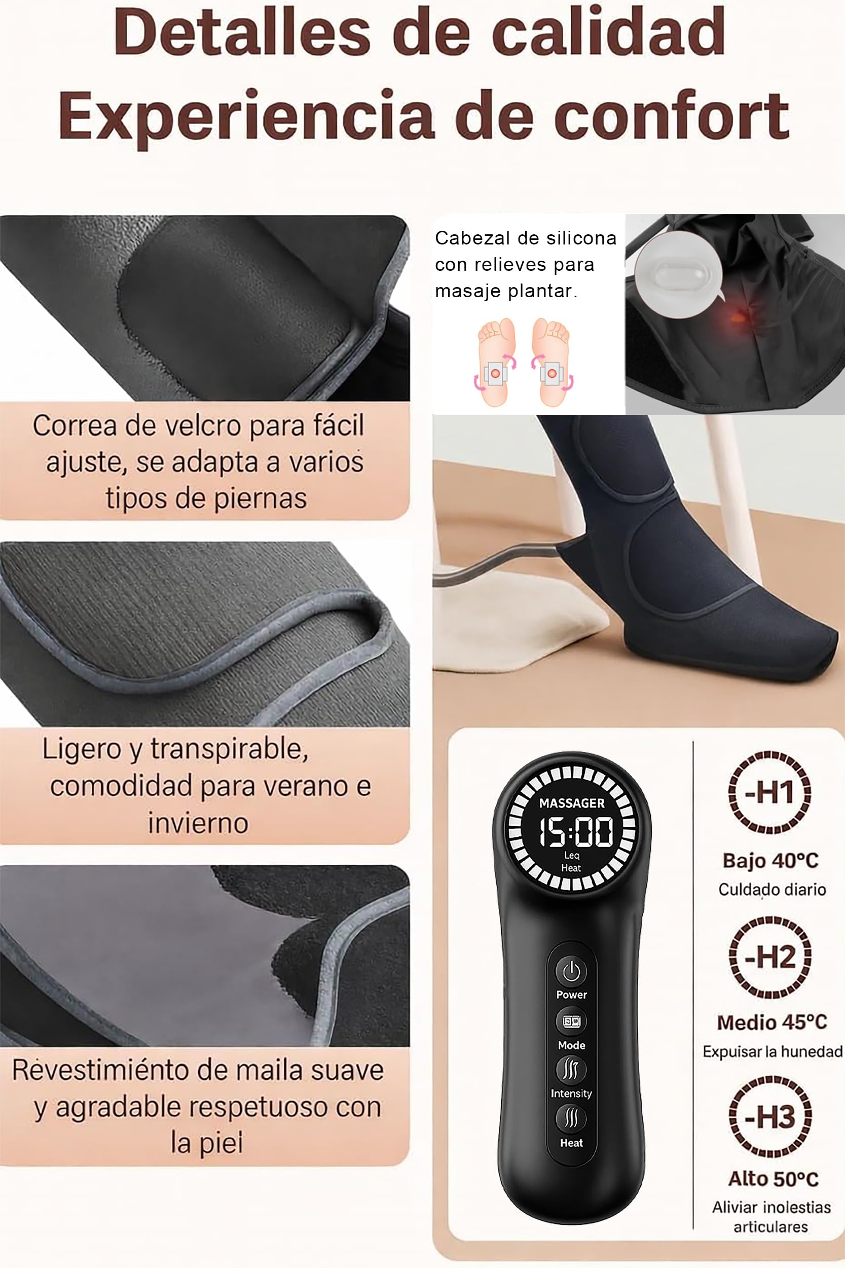 Masajeador de Piernas con Compresión de Aire, Calor y 3 Modos Inteligentes, 5 Niveles, Presoterapia Presión de Aire para Relajación Muscular, Alivio de Fatiga y Mejora de la Circulación