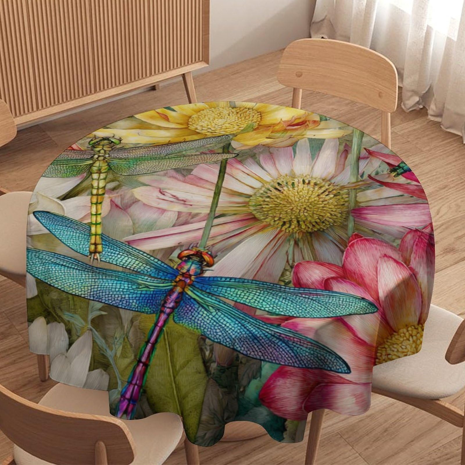 LUYYSKY Retro Aesthetic Dragonfly Waterproof Round Tablecloth Classic Watercolor Plant Floral Animal Dragonflies Pattern Washable Table Cover for Kitchen-152.4" Wx152.4 L cm