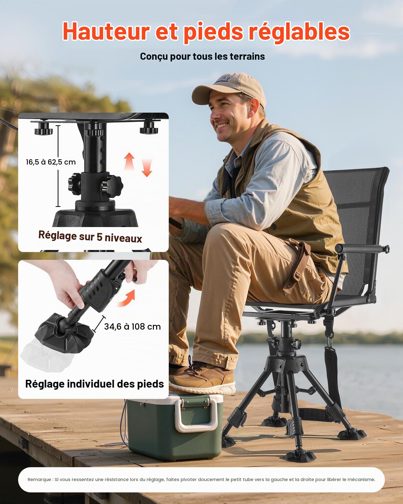 VEVOR Chaise de Chasse Silencieuse Pivotante à 360°, Siège de Chasse Pliable et Portable, Cadre en Acier Robuste, avec Accoudoirs, Pieds Anti-enfoncement, Hauteur Réglable, pour Pêche Camping