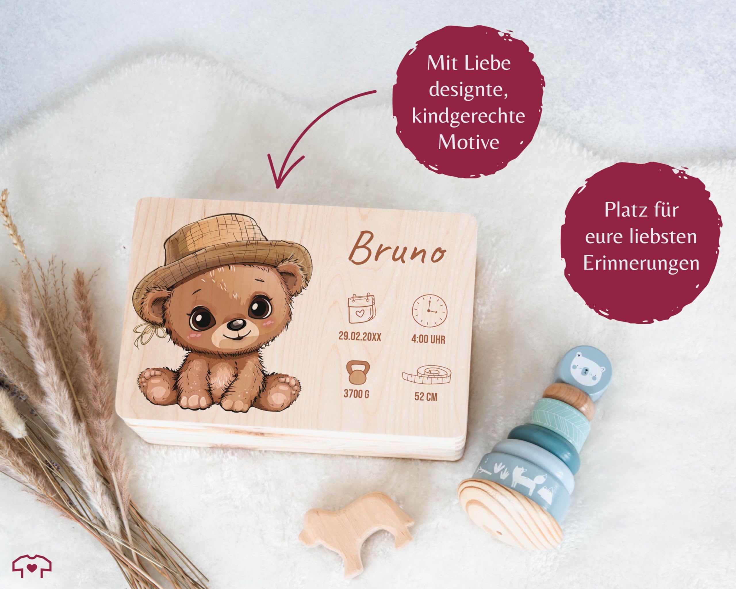 Holz Erinnerungsbox Baby Geschenkbox Holzkiste Baby - Erinnerungskiste Geburt mit Bär und Name | Geschenk Geburt Personalisiert | Personalisierte Babybox - 30 x 20 x 14 - Holz - geburtskiste