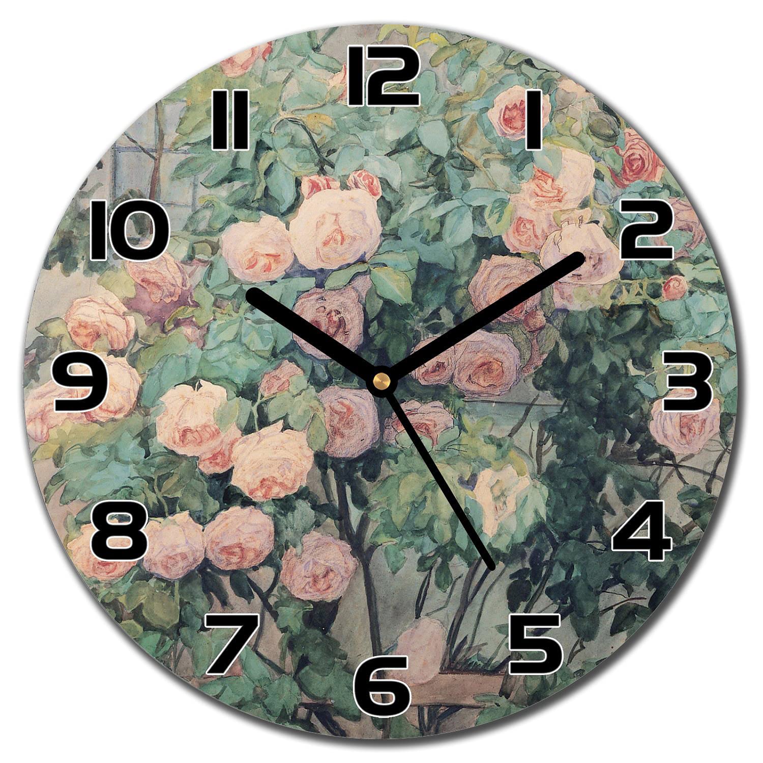 Horloge en verre cuisine lisible et facile à nettoyer motif roses 30 cm