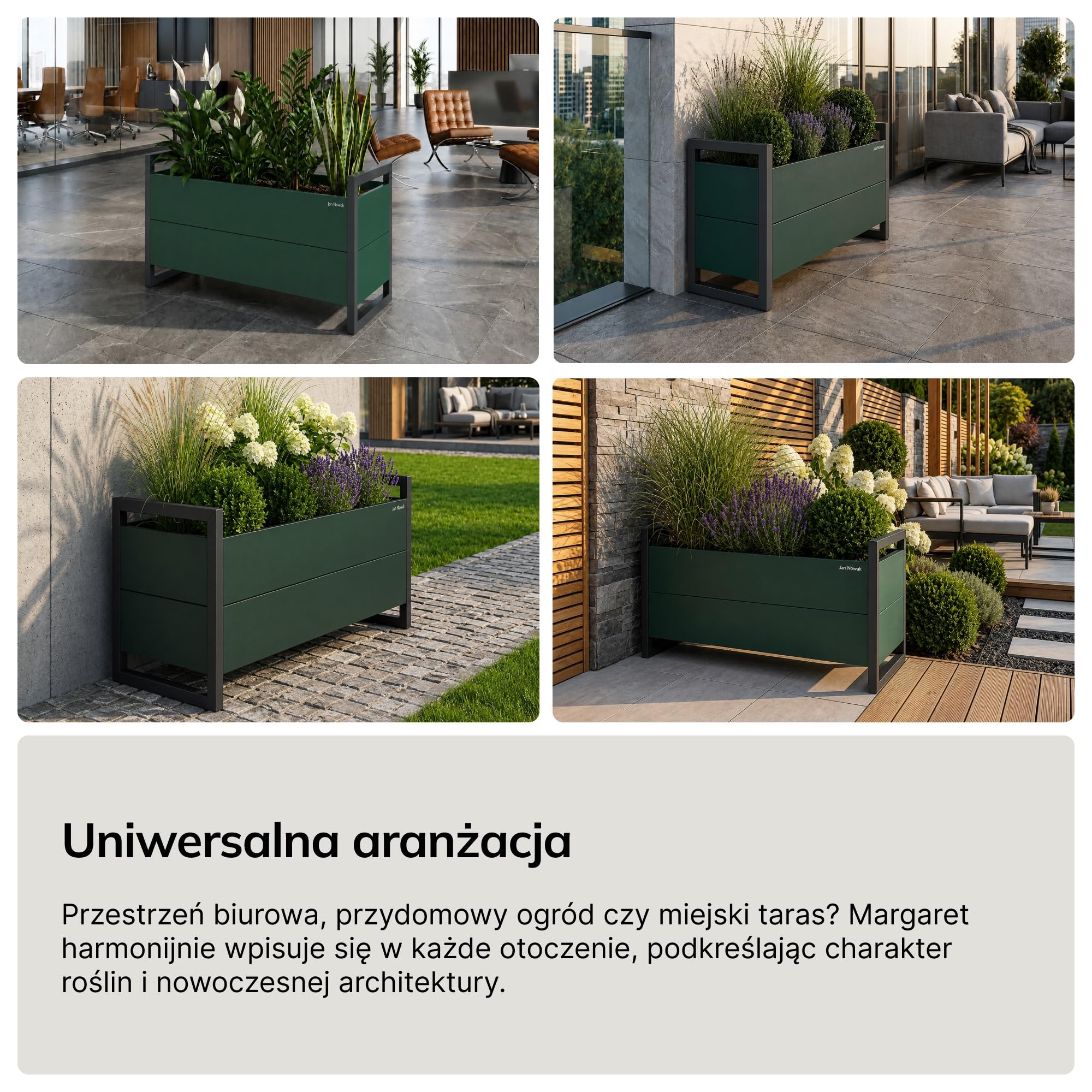 Jan Nowak MARGARET Osłona Donica na Kwiaty do Wnętrz i Ogrodu 100 x 43 x 38 cm Butelkowa Zieleń-Antracyt Stalowa z Otworami Drenażowymi Prostokątna