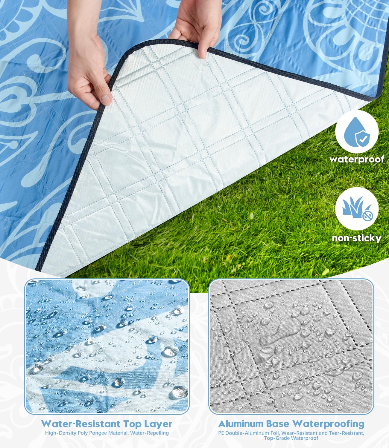 DEWUR Couverture de Pique-Nique imperméable et Pliable Extra Large pour Plage, Camping, pelouse, Parc - 200 x 200cm (Feuilles Bleues)