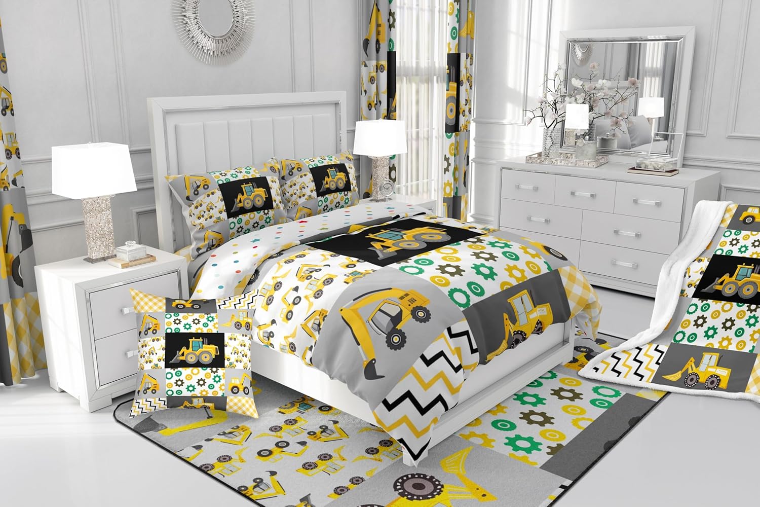 Toddler Cartoon Car Bedding Set Excavator Truck Duvet Cover Car Room Decor, Tractor Accessories Comforter Cover Geometric Grid Splicing Patchwork Bedspread Cover for Boys Teenagers, King