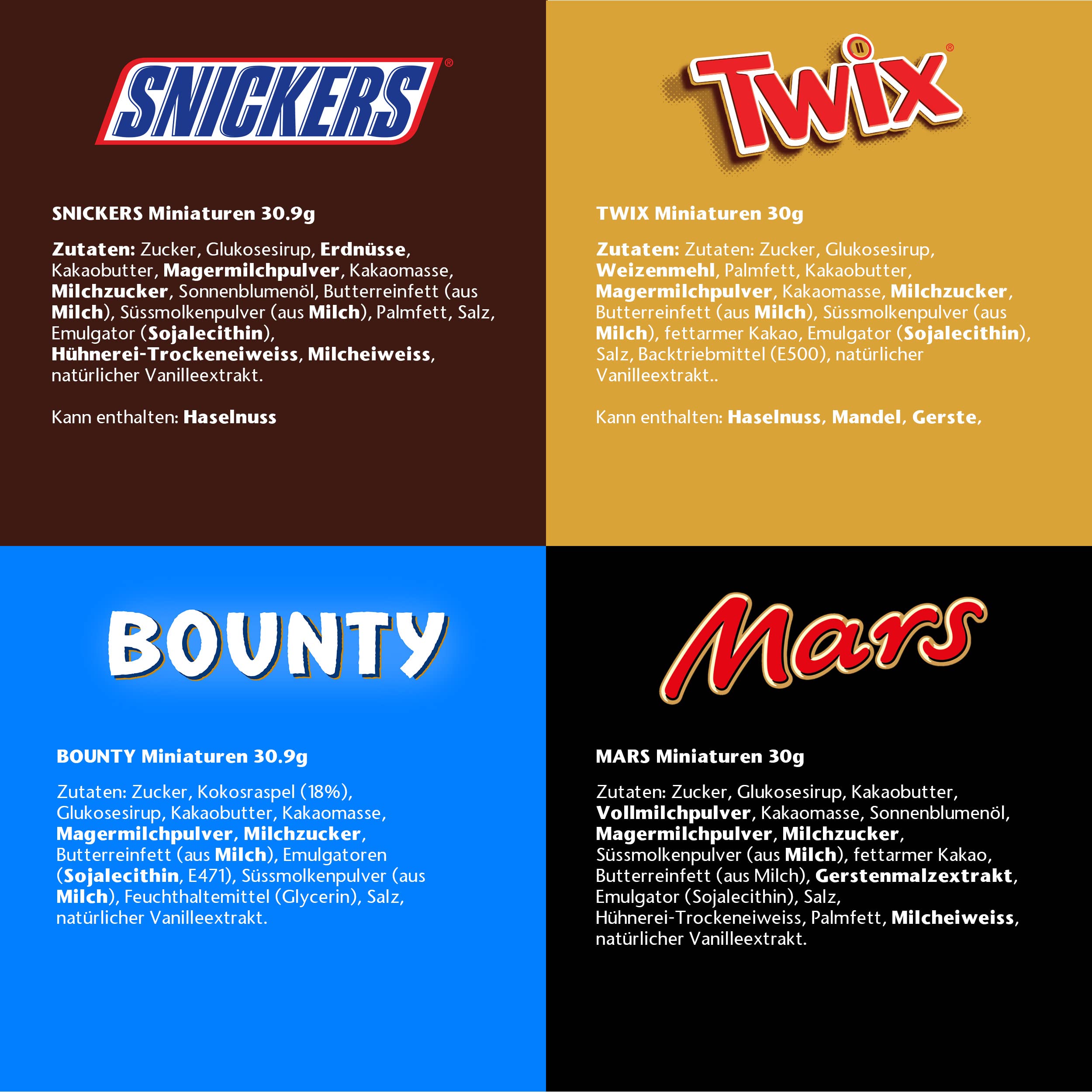 Miniatures Mix Schokolade Großpackung 296 Mini-Schokoriegel Mars Snickers Bounty Twix 3000g