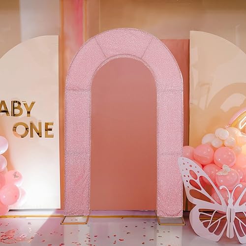 Miniatura 2 de Efavormart - Cubierta de telón de fondo de arco abierto de 7 pies, color oro rosa brillante, de elastano, con doble cara en forma de U, para arco de