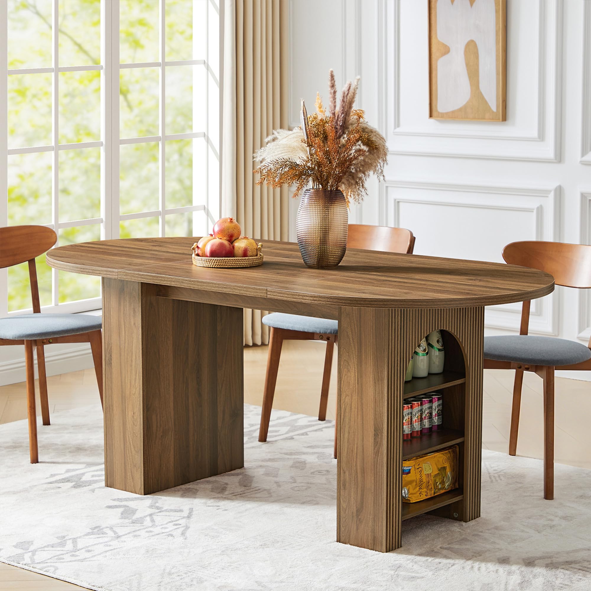 weselon 70.8" Oval Dining Table with Dual Side Storage Shelves, Rustic Farmhouse Table for 4–6 People, Modern Wooden Round Dinner Table for Kitchen, Reception, or Living Room (Walnut, Table Only)