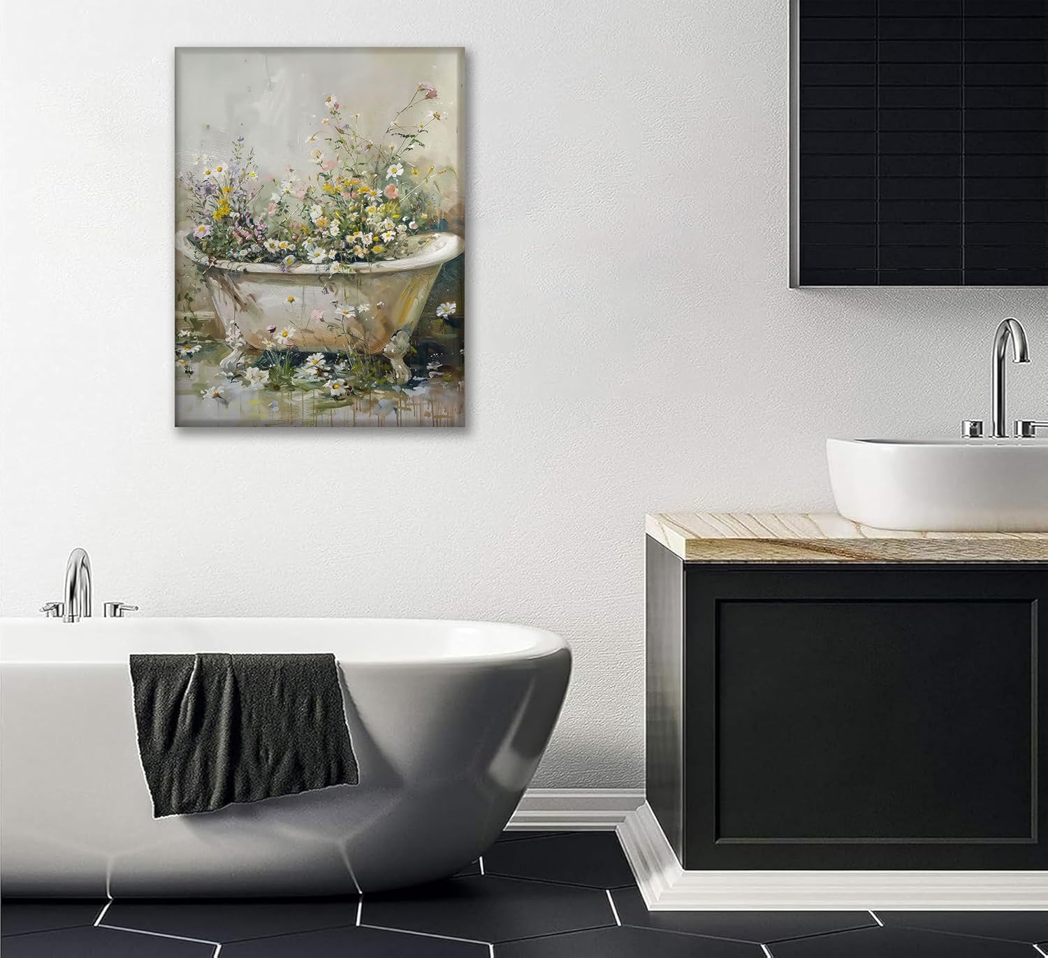 Floral Bathroom Canvas Wall Art Wildflower Aesthetic Poster Rustic Farmhouse Botanical Bathtub Wall Decor Funny Toilet Picture Moody Wildflowers Canvas Painting for Bathroom Bedroom Framed