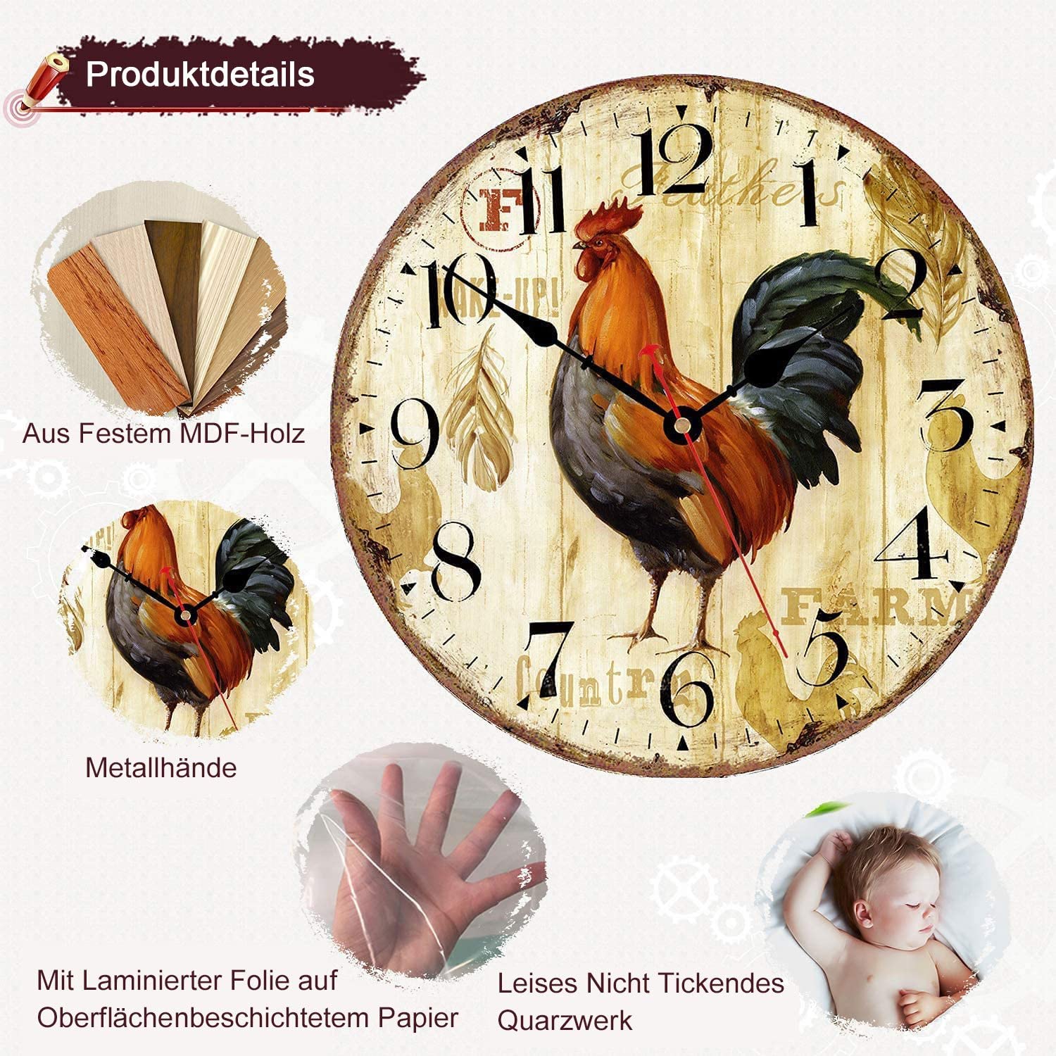VIKMARI Kitchen Wall Clock, Small Vintage 12 Inch Rooster Chicken Clock - Image 2