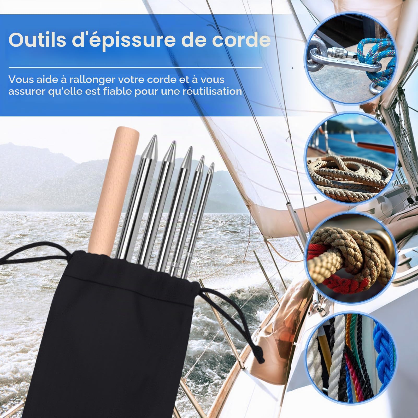 Kit de 7 outils d'épissure de corde FID en acier inoxydable avec 5 tailles de fils métalliques de 6,3 mm, 0,9 cm, 1,9 cm, 1,2 cm, 1,27 cm