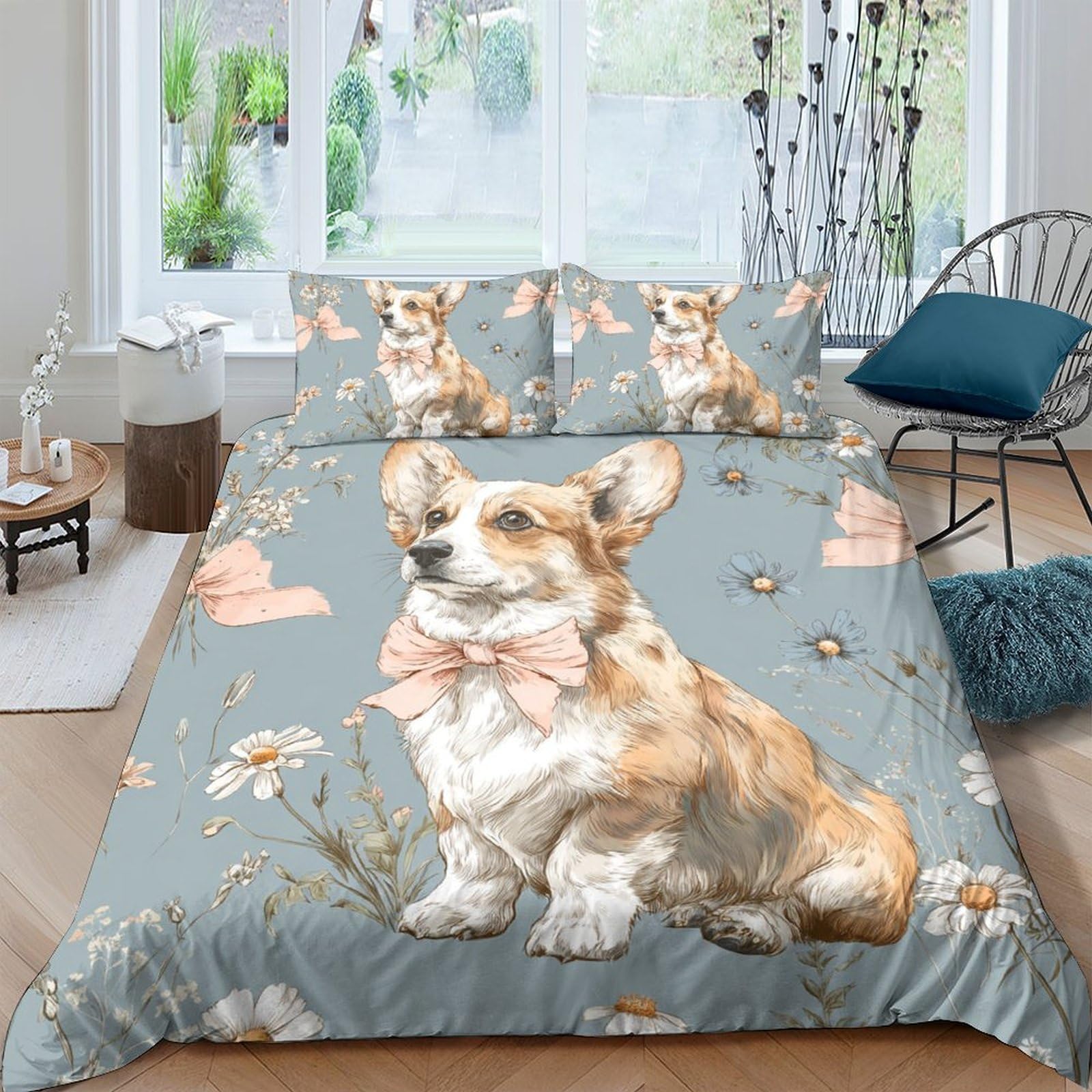 Ctjqhvkz Style-4 3D Printed Corgi Dog Fitted Sheet Microfiber Soft Decorative Heart Pattern Bed Cover For Bedroom Guest Room Decor Single（135X200cm）