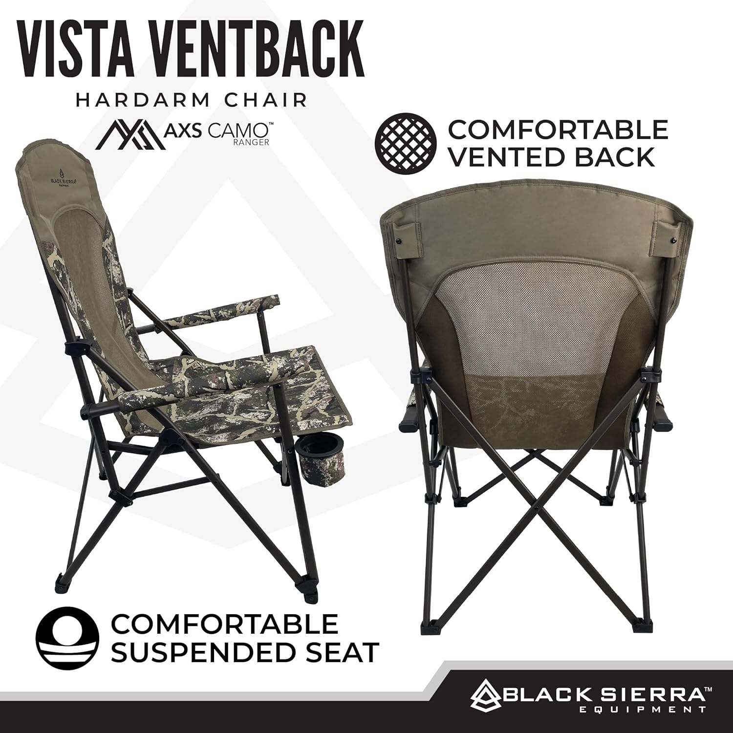 Black Sierra Camping Chair – Folding Portable Lawn & Beach Chair with Padded Hard Armrest, Mesh Vented Back, Cup Holder, Carry Bag – Supports 300 lbs for Sports & Backyard - Image 8