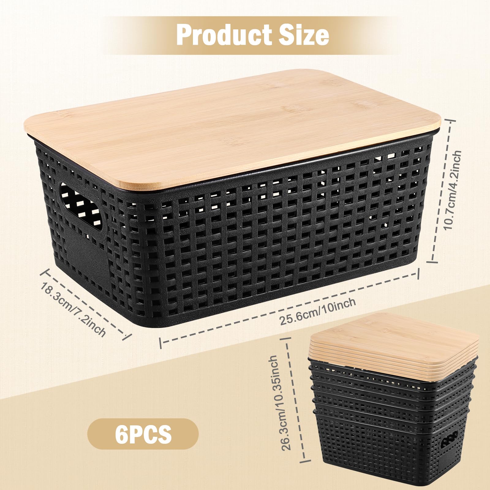 6 Pezzi Scatole Plastica con Coperchio Bambù, Organizer Cucina e Bagno, Impilabile Salvaspazio Cestino Vimini Contenitore Plastica con Bambù Coperchio per Armadio, Ufficio,Camera (Nero)