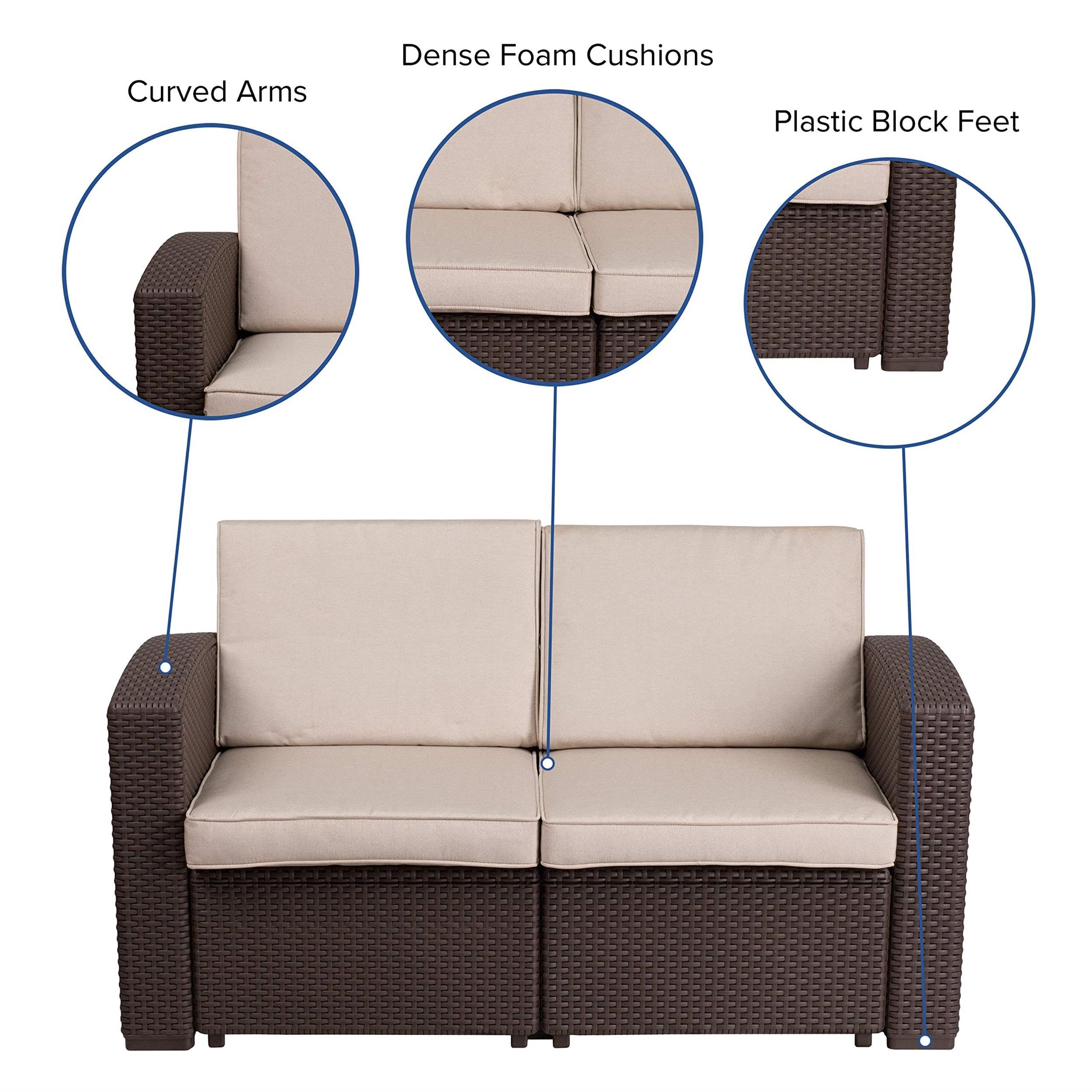 Flash Furniture Divanetto Seneca in finta rattan marrone cioccolato con cuscini beige resistenti a tutte le condizioni atmosferiche