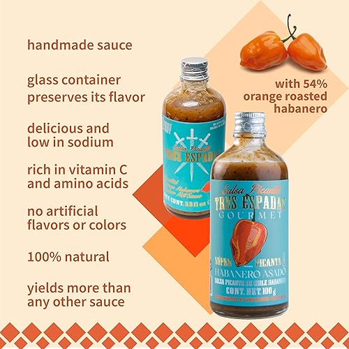 Miniatura 6 de Tres Espadas  Salsa picante Habanero  Pimienta Habanero  Receta gourmet mexicana  Botella de salsa picante de 3.5 onzas líquidas  Sabor habanero