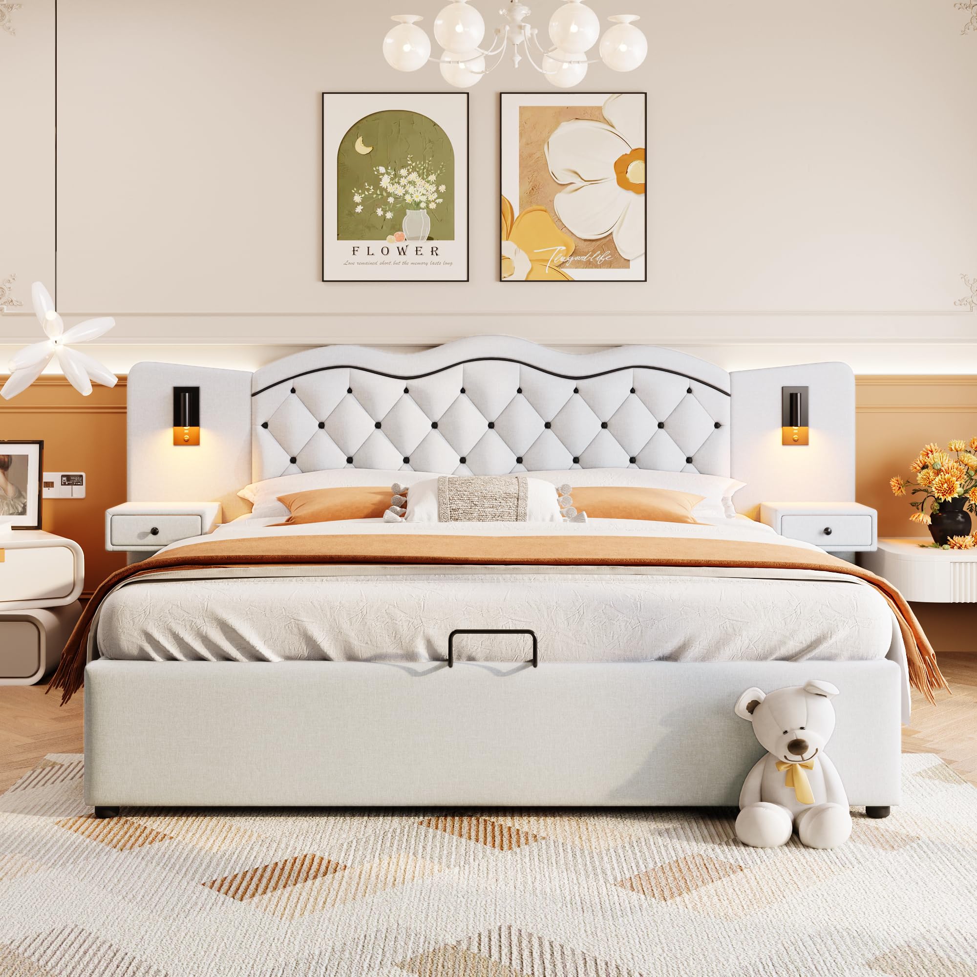 KecDuey Letto imbottito 180 x 200 c, letto matrimoniale, letto piatto, letto imbottito, testiera integrata, meccanismo di sollevamento idraulico, porta USB, due lampade da comodino, ampio spazio di