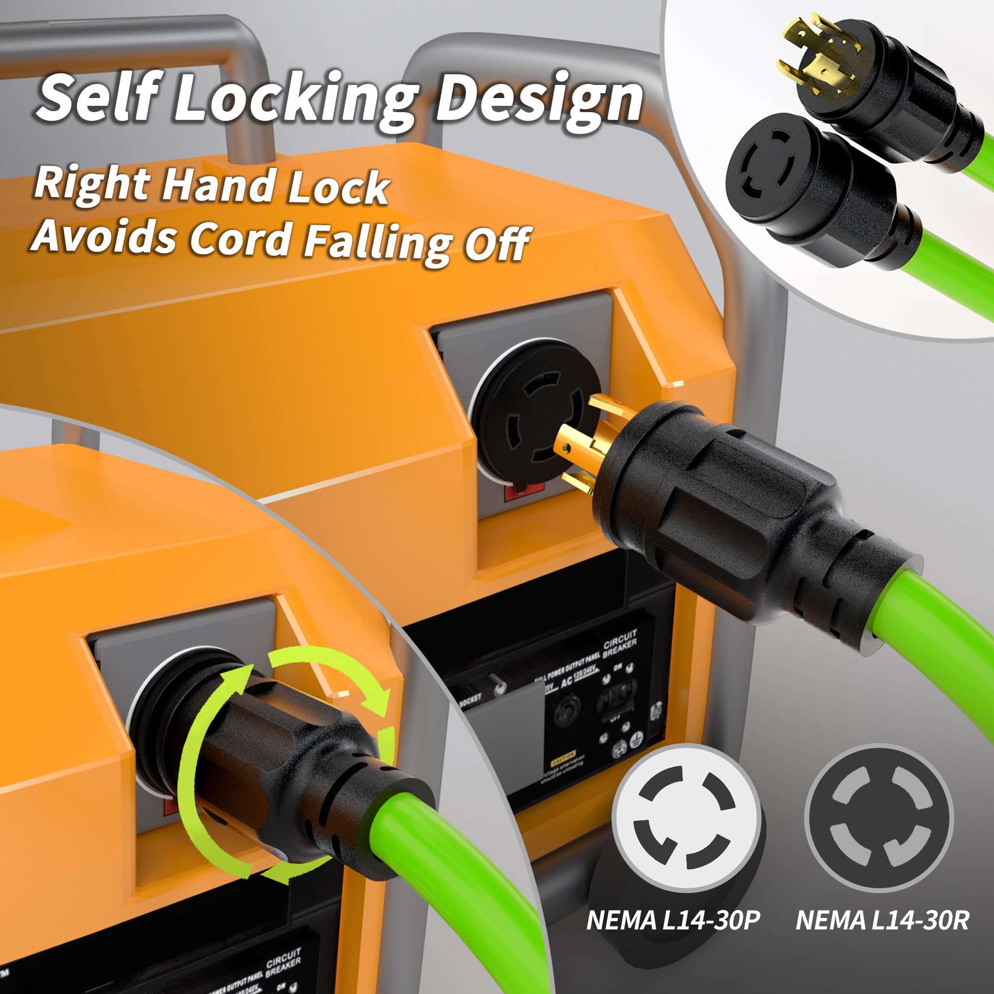 PlugSaf - Cable de extensión para generador de 10 pies, 30 amperios, 4 puntas, NEMA L14-30P/L14-30R calibre 10 STW 125/250 V, cable de generador de bloqueo giratorio, resistente, certificado ETL verde