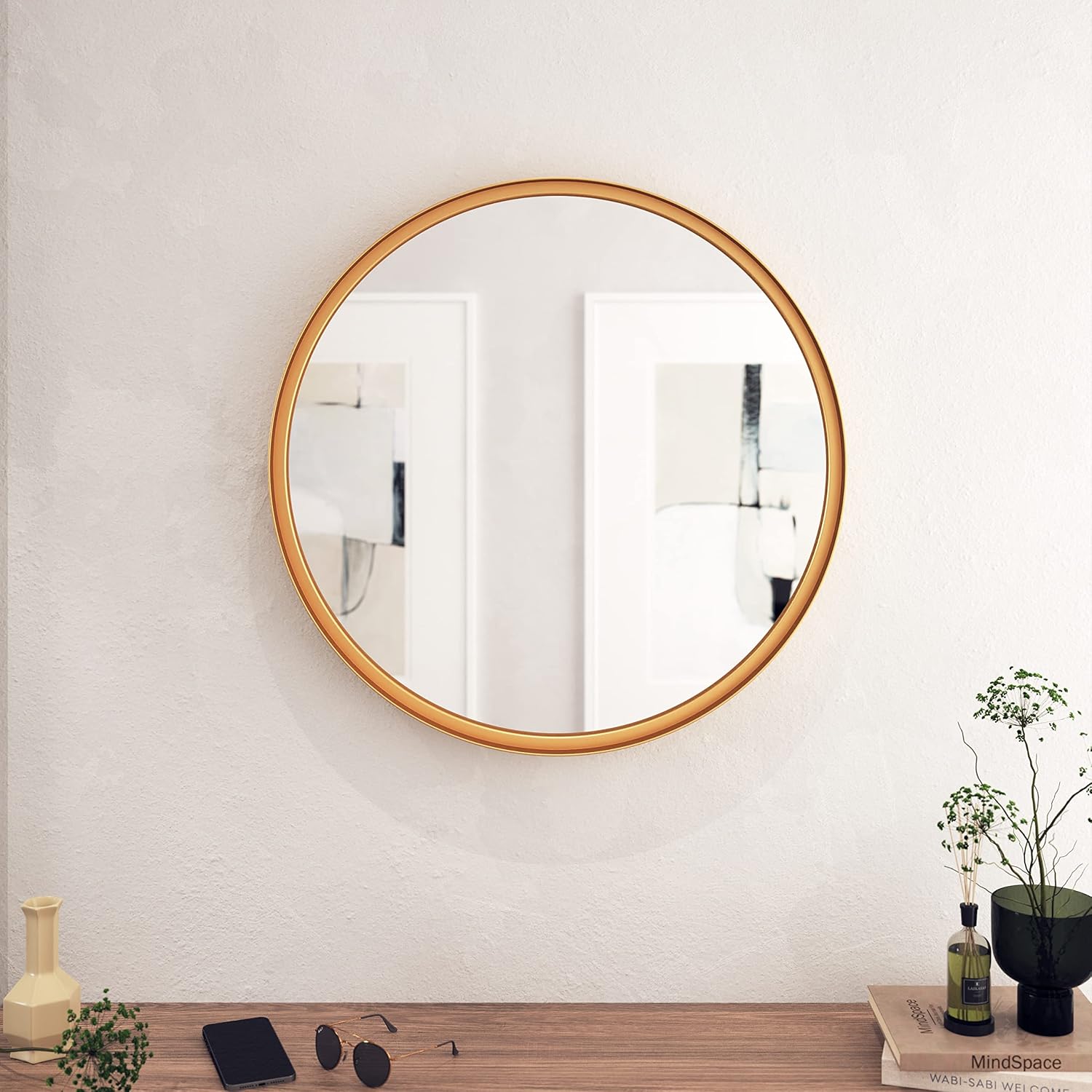 HBCY Creations Gold Round Wall Mirror - 27.5 Inch Large Round Mirror, Rustic Accent Mirror for Bathroom, Entry, Dining Room, & Living Room. Metal Wall Mirror