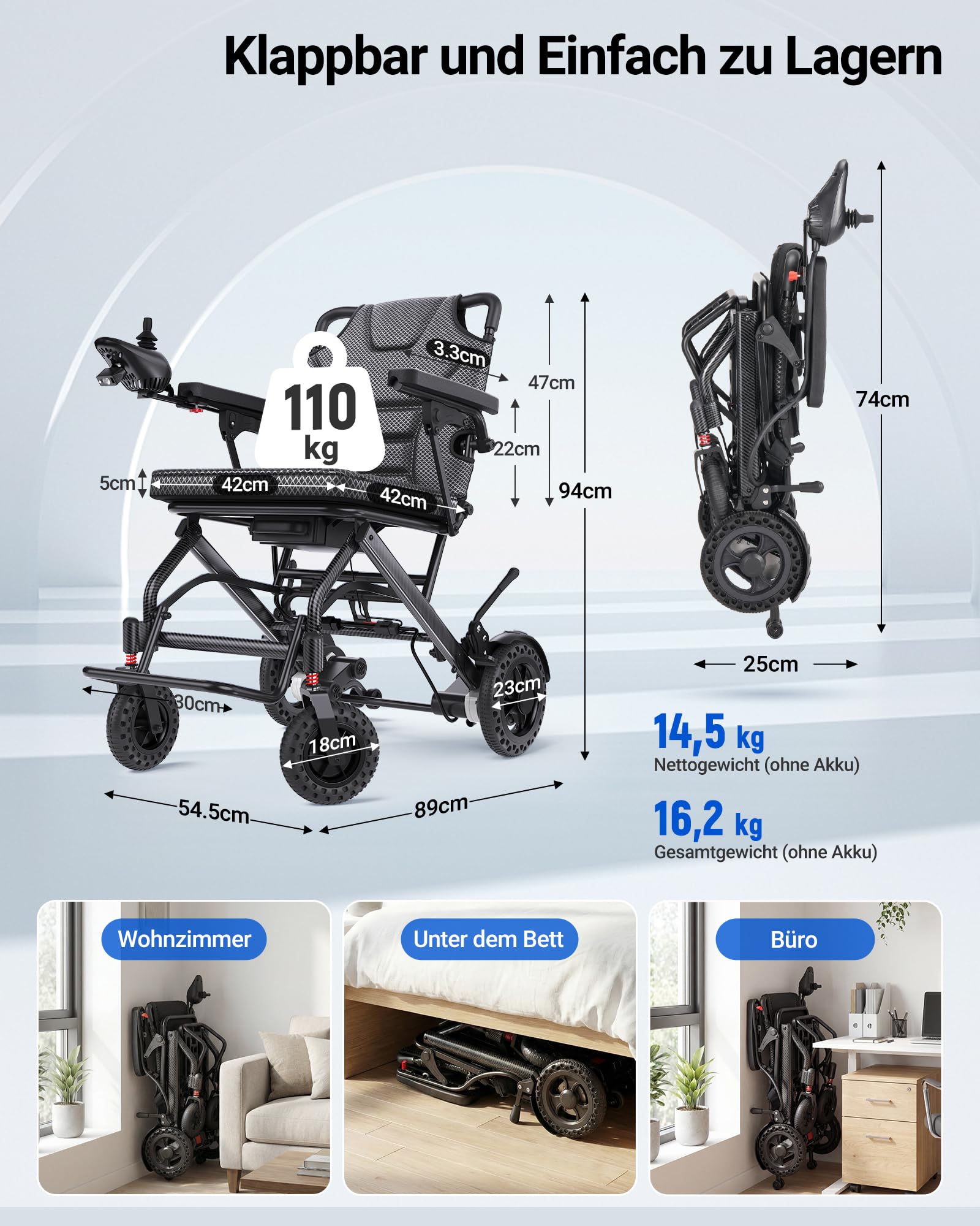 Rollstuhl Elektrisch Faltbar Leicht 14,5 kg Elektrischer Rollstuhl | Flugzeugzulassung, 20KM Reichweite, Lithium-Batterie, 360W Elektrorollstuhl, 5 Jahre Support, Kohlefaser-Folie
