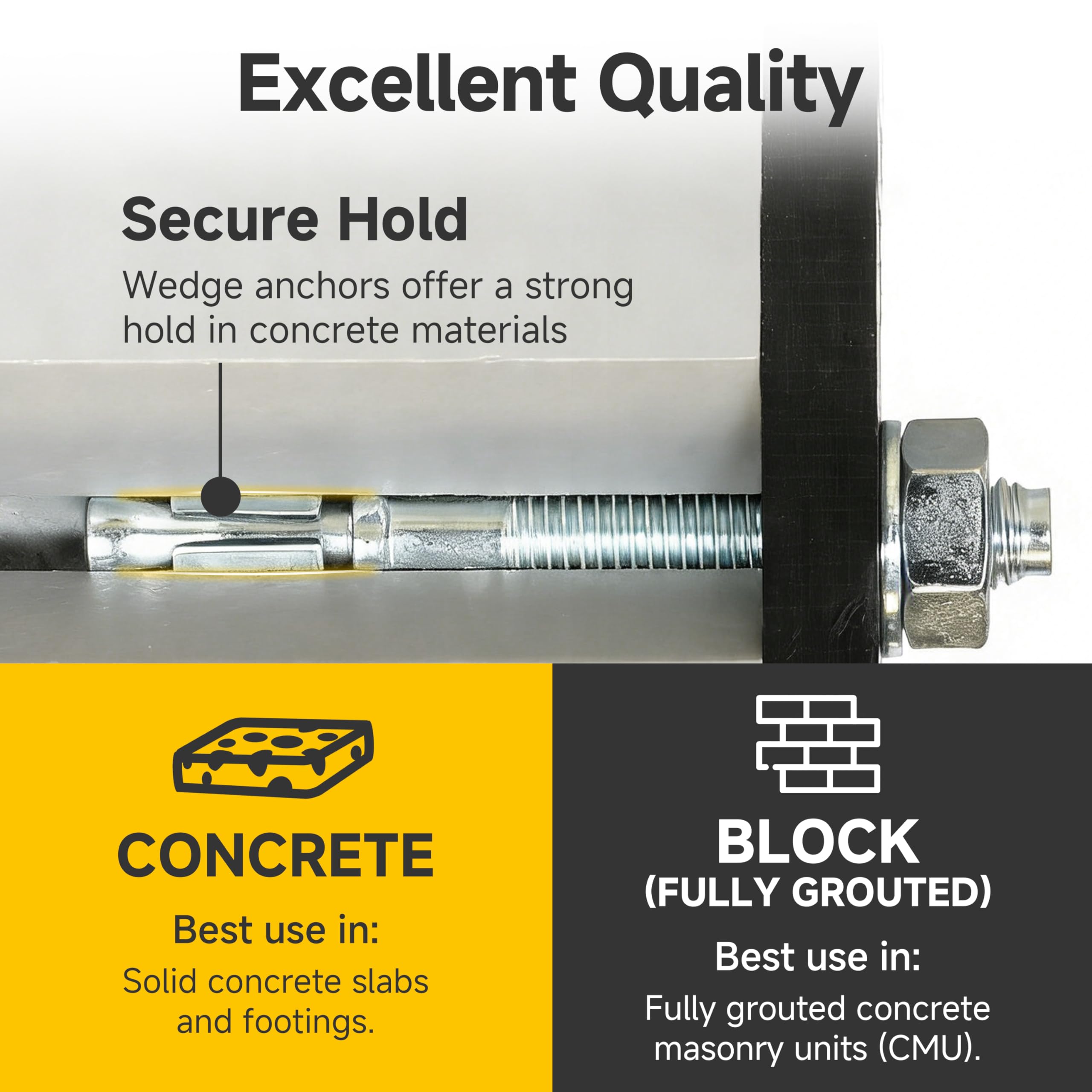 Mywish Confezione da 25 tasselli a cuneo in acciaio inox 304 da 1/2" x 3-3/4" per calcestruzzo e cemento, finitura liscia, resistenti, 1/2", in acciaio inox, per muratura, per esterni