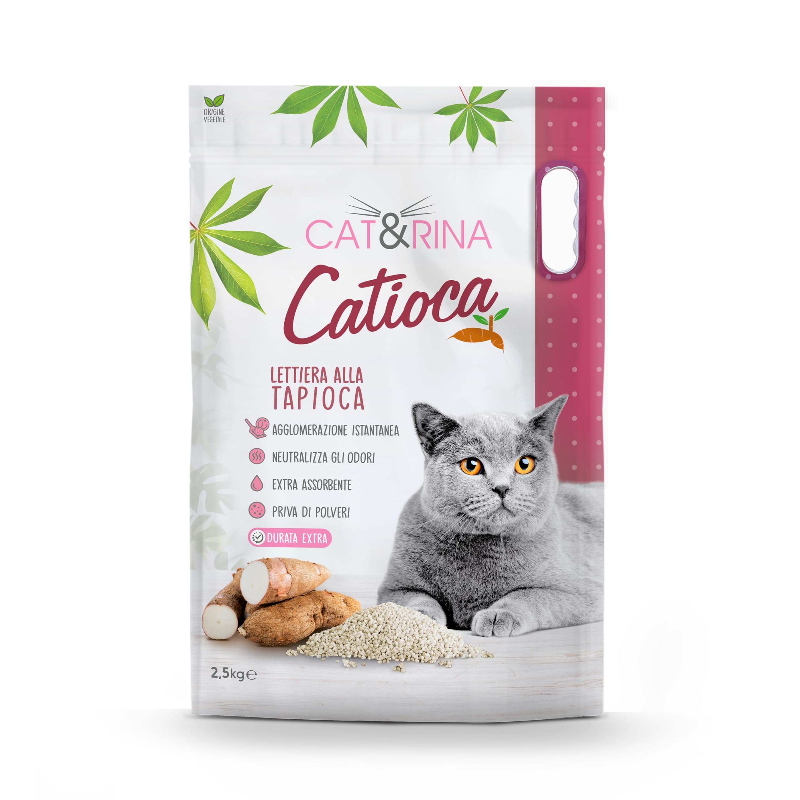 Cat&Rina Catioca Lettiera Granuli Tapioca 2,5kg, 3 Pezzi | Agglomerante, Vegetale, Si smaltisce nell'organico, Anti odore