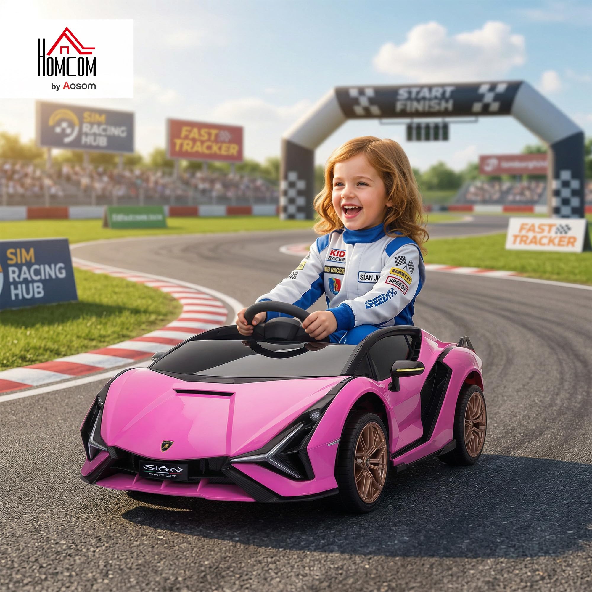 HOMCOM Voiture électrique Enfants de Sport Véhicule électrique Lamborghini Sian 12 V - V. Max. 5 Km/h avec Télécommande 2,4G Effets sonores + Lumineux Rose