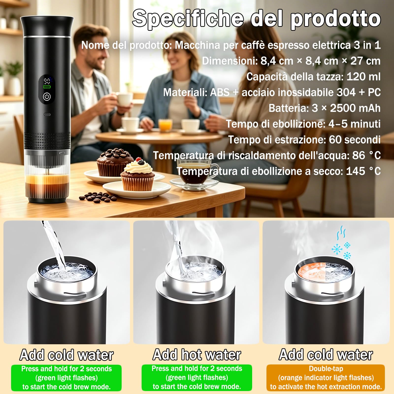 Portable Coffee Maker 3 in 1 Espresso Machine USB-C Mini Electric Hot Water Coffee Maker Compatible with Ness-Preso, Dolce-Gusto and Ground Coffee Capsules
