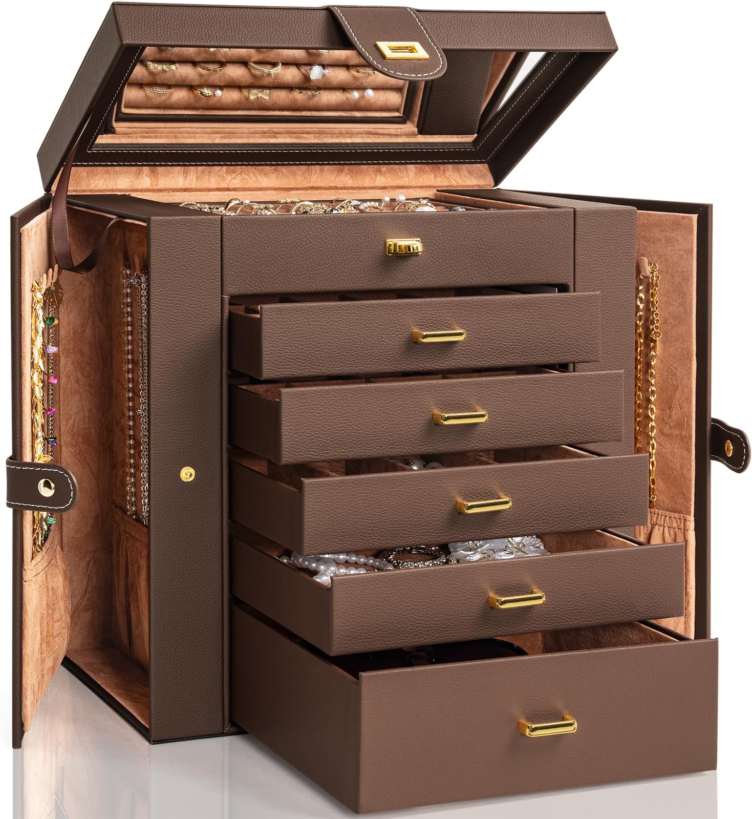 AKOZLIN Large Jewelry Box Organizer Functional Huge Lockable, Leather Jewelry Storage Case White Brown