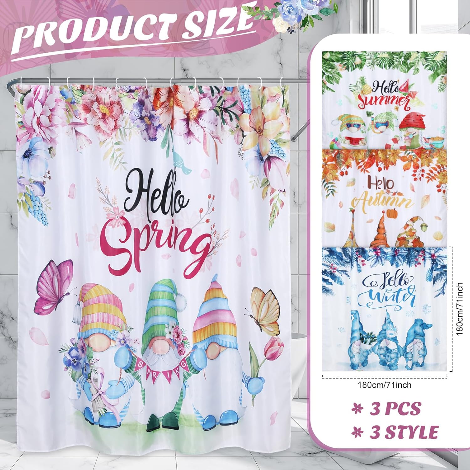 Preboun 4 PCS Spring Gnomes Shower Curtains Pack - Seasonal Waterproof Fabric Bathroom Curtains with Hooks for Summer Fall Winter Restroom Decoration, 71" x 71"