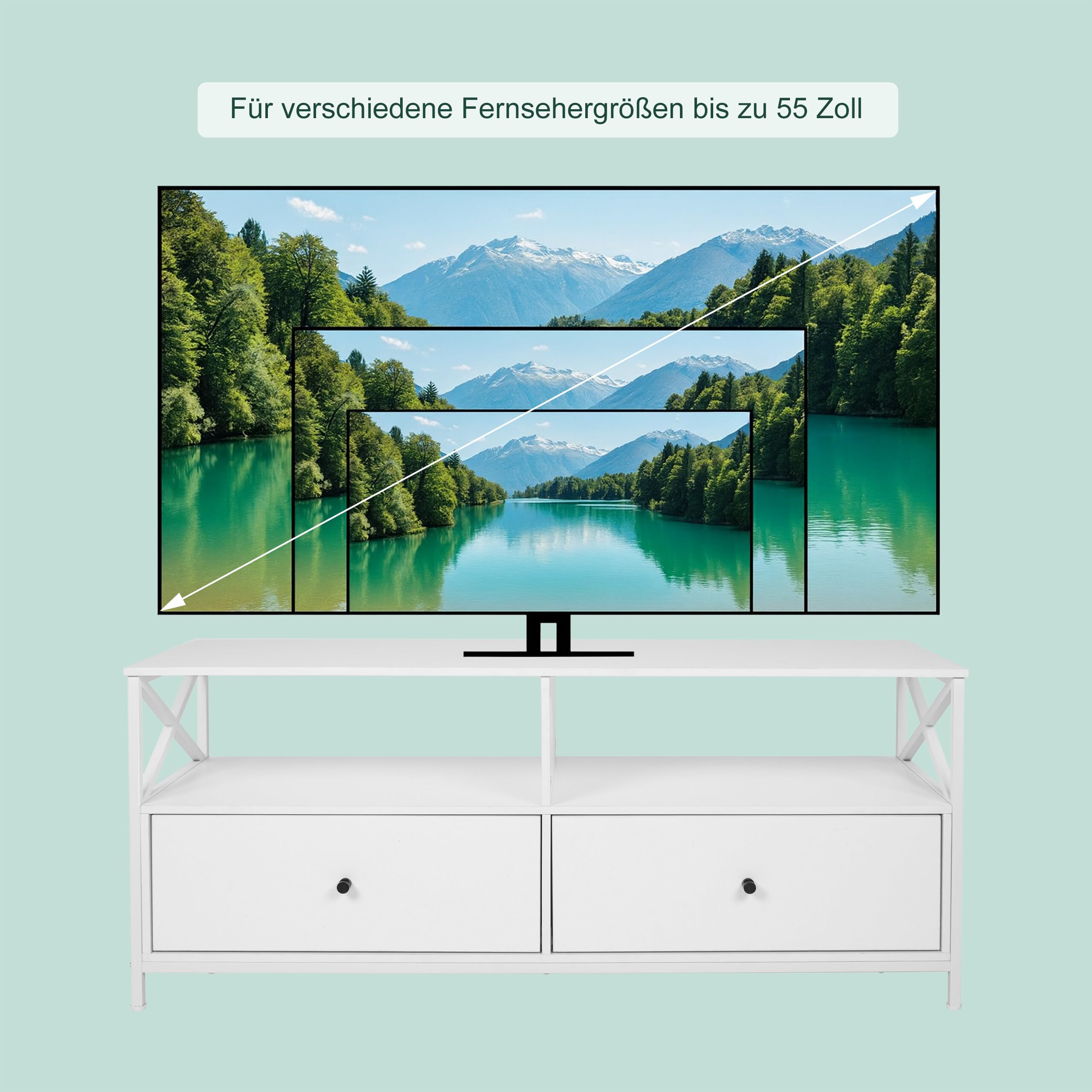 Relaxdays TV-Lowboard, 2 Fächer & 2 Schubladen, TV-Schrank bis 55 Zoll, HBT: 50 x 120 x 40 cm, Fernsehtisch, weiß