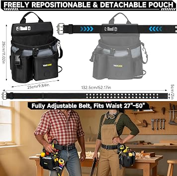 Tool Backpack+Tool Belt Pouch (Black&Grey),Waterproof Hard Bottom Backpack with Waist Belt,17.5 Laptop Compartment Backpack with 18-Slot Drill Bit Roll Pouch,18-Pocket Magnetic Tool Pouch
