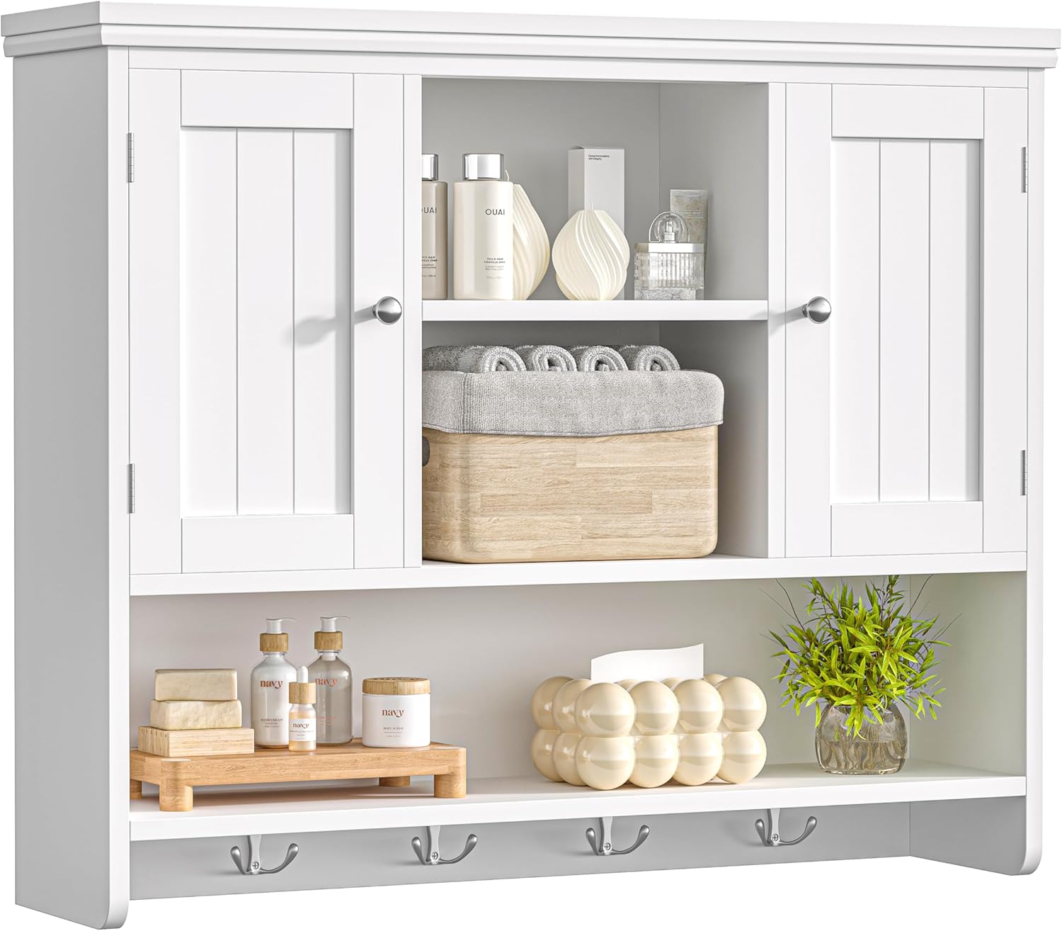 Keehusux 31.5" W Large Bathroom Wall Storage Cabinet with 2 Doors and 4 Hooks, Modern Medicine Cabinet with 3 Open Shelves, Wooden Wall Mounted Bathroom Cabinet for Kitchen, Living Room, White
