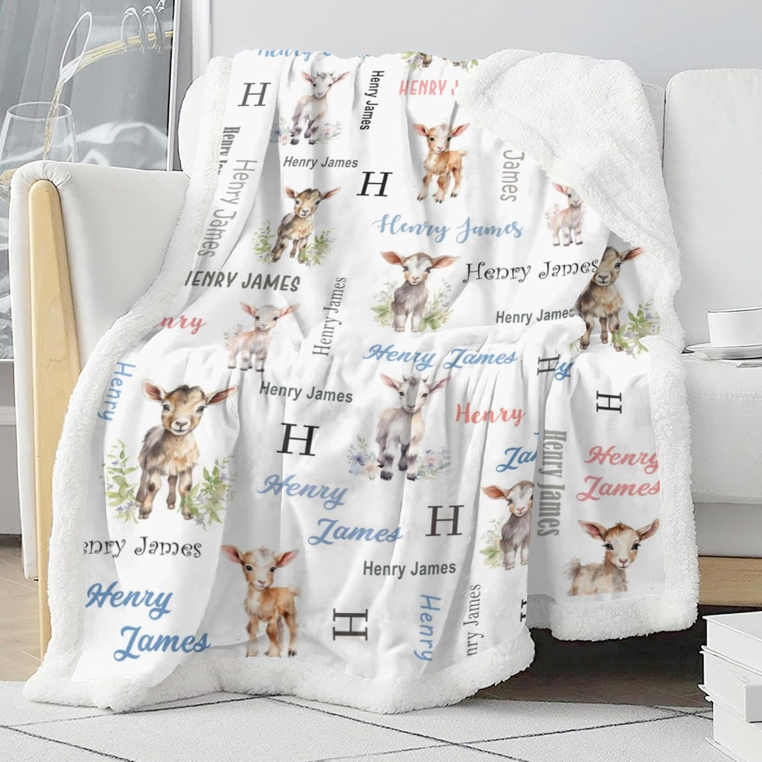 Custom Baby Blankets for Boys with Goat Name Receiving Baby Blanket Boy Girl Neutral Sherpa Blanket Personalized Blanket Warm Fuzzy Blanket Newborn Nursery Receiving Blankets