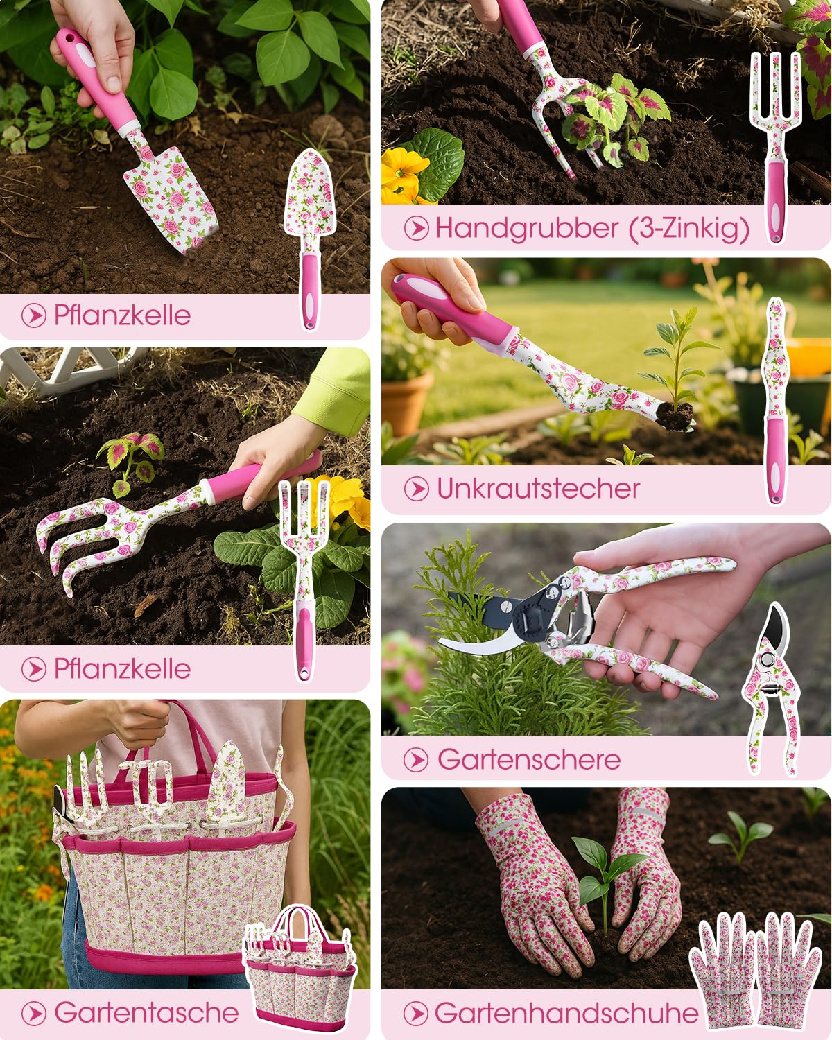 MYMULIKE Gartenwerkzeug Set, 26-teiliges Gartengeräte für Frauen, Garten Hand Werkzeuge mit Gummigriff und Oxford-Tasche, ideale Gartengeschenke für Frauen und Männer