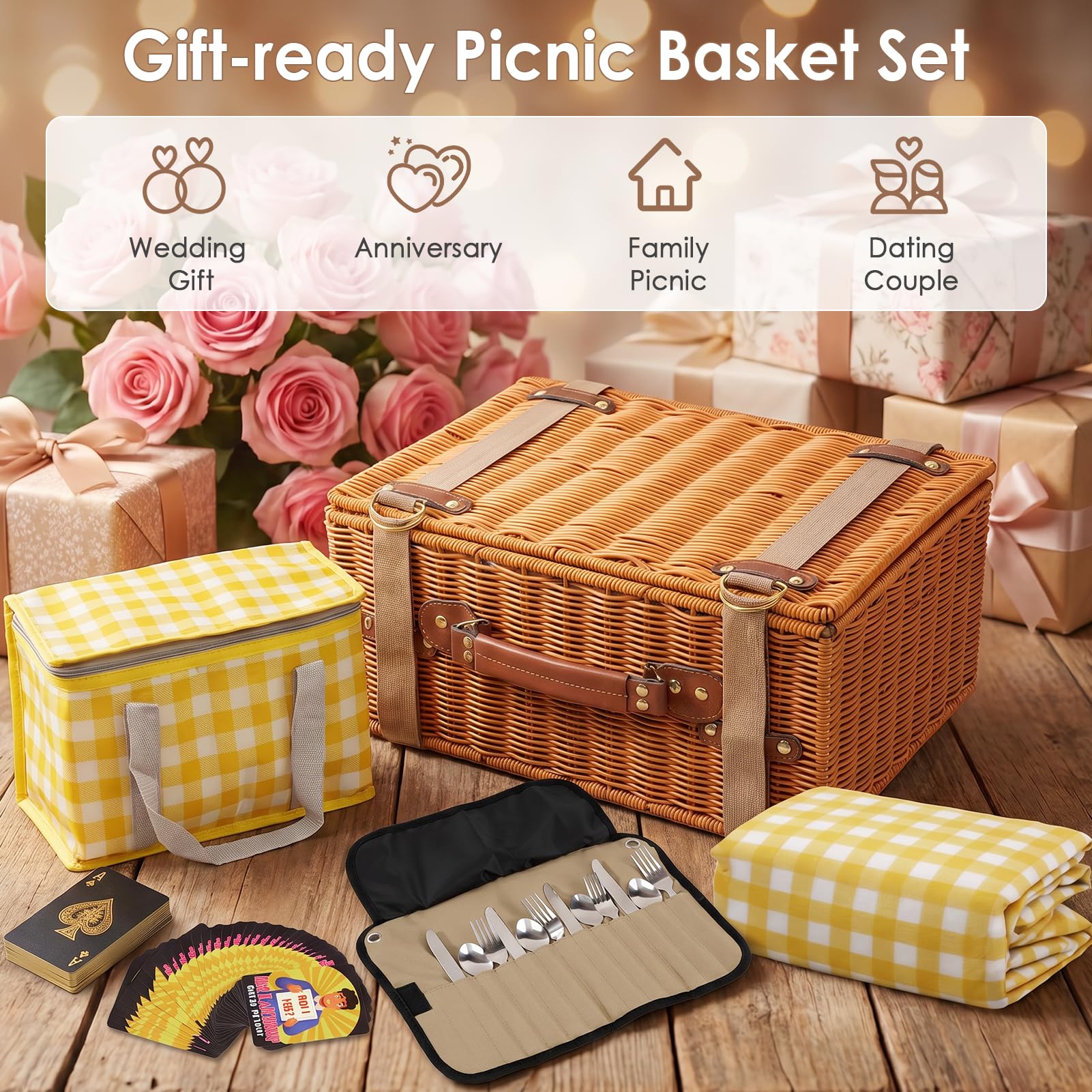 DEWEL - Set di cestini da picnic per 4 persone, con coperta da picnic resistente e impermeabile, borsa termica e set di carte, ideale per campeggio, gite
