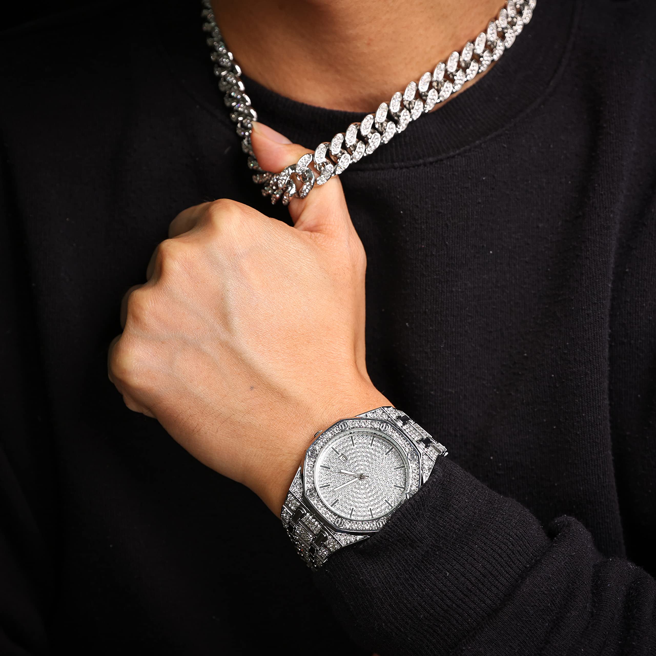 HALUKAKAH Diamante Reloj Oro, Hombres Chapado Oro Real 18K/Oro Blanco Platino 40MM Ancho Octogonal Ronda Esfera Cuarzo Pulsera 22cm con Enlace Cubano Cadena 20+45cm Collar Pulsera, con Caja de Regalo