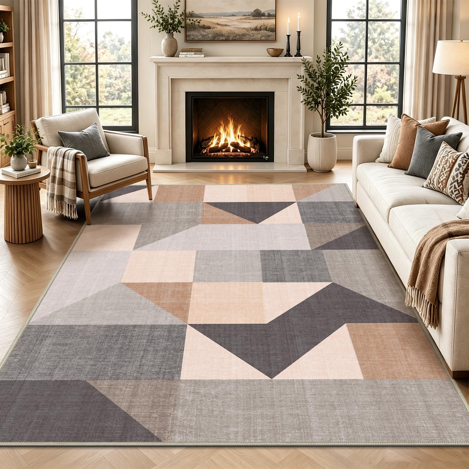 Alfombra moderna lavable para salón, 120 x 180 cm, color beige y gris