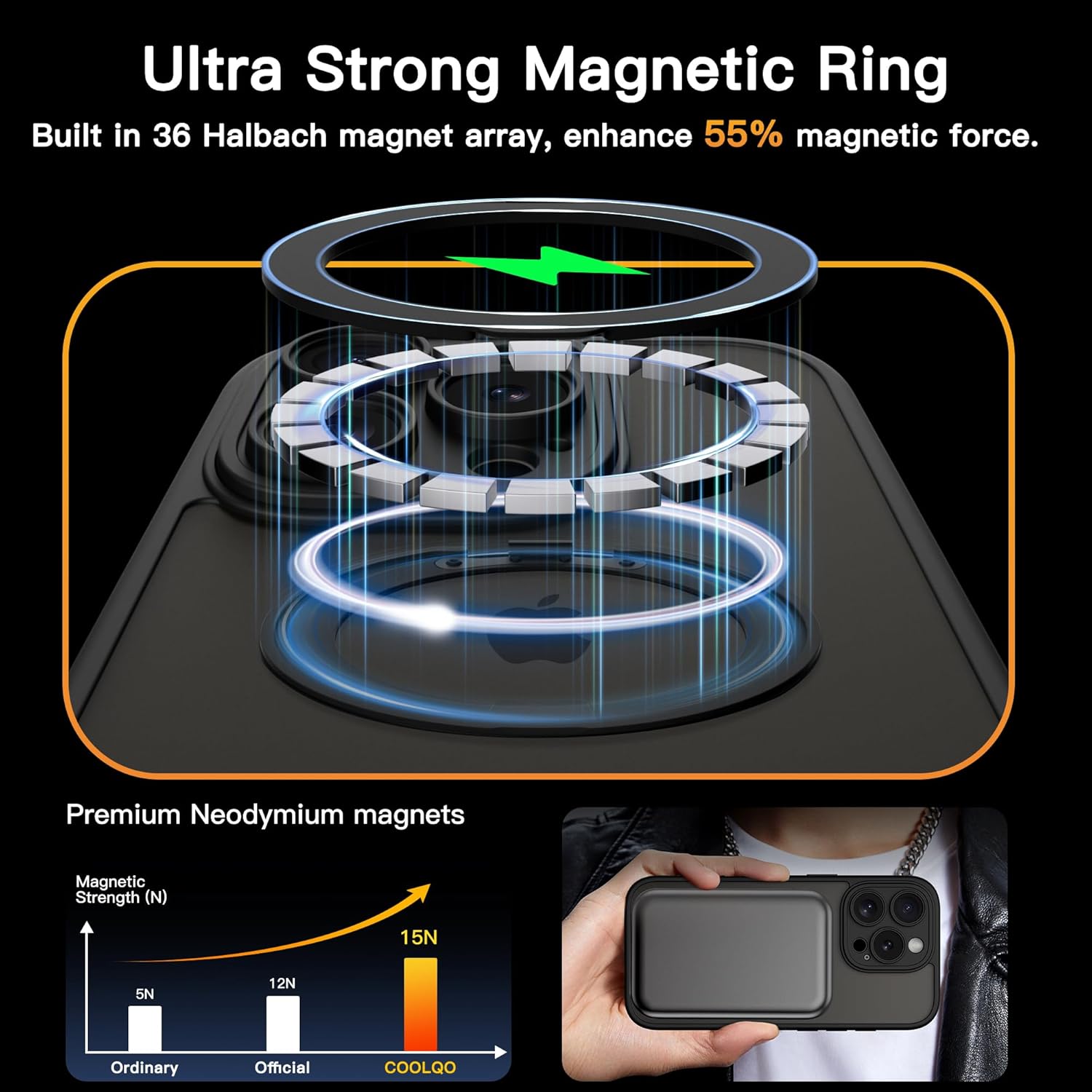 COOLQO for iPhone 16 Pro Max Case, Compatible with MagSafe, Translucent Matte, 360° Ring Holder Stand, Black - Image 5