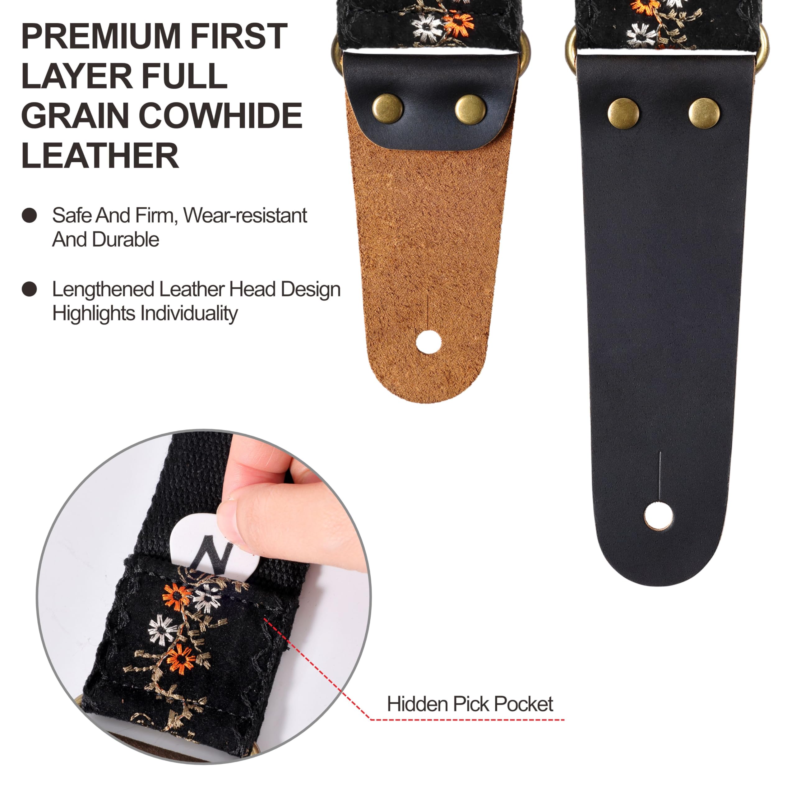 Nefelibata Guitar Strap, Flower Embroidery Guitar Straps with Head Cowhide Leather Ends for Bass, Electric & Acoustic Guitars, Come with Free Strap Button, 1 Pair Strap Locks and 4 Guitar Picks