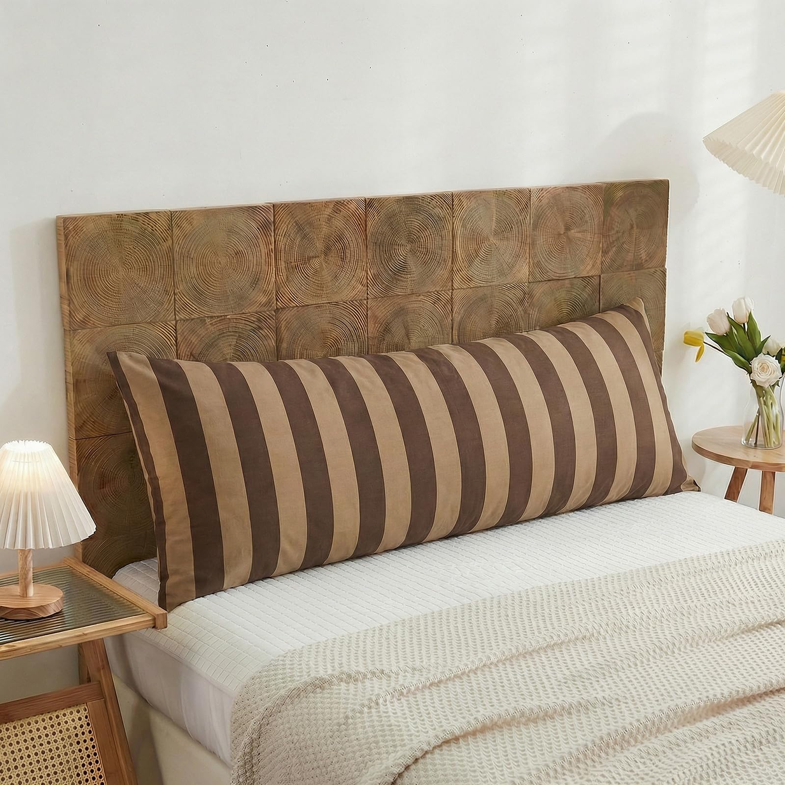 Photo 1 of Merryword Body Pillow Cover 20x54inches, 100% Cotton Pillow Case, Brown and Khaki Striped Pillowcase, Luxury Linen Like Pillowcase, Soft Breathable Wide Stripes Long Pillowcase, 1-Piece
