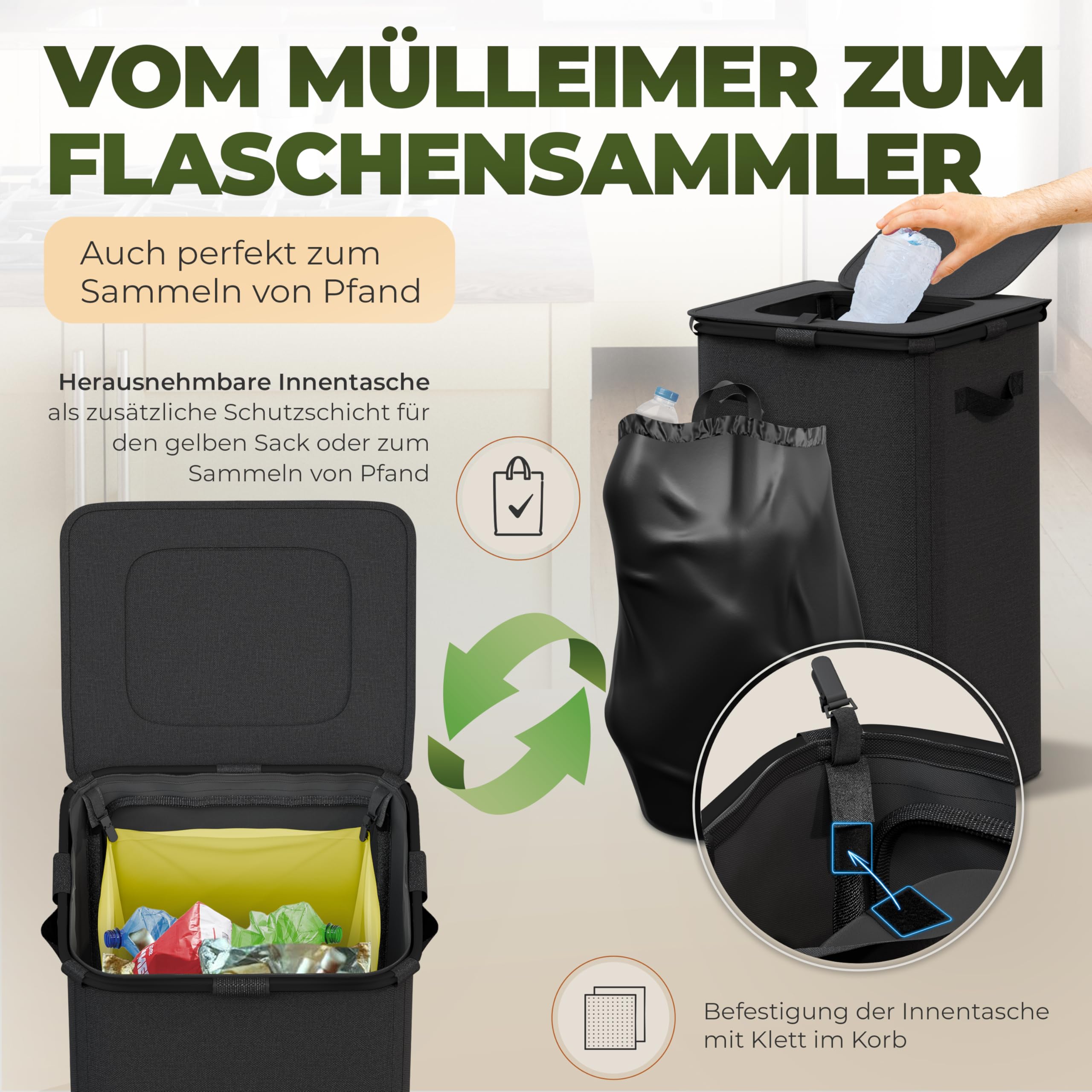 COTTARA® Gelber Sack Ständer Mülleimer mit Deckel magnetisch 60-120L Müllsystem Schwarz