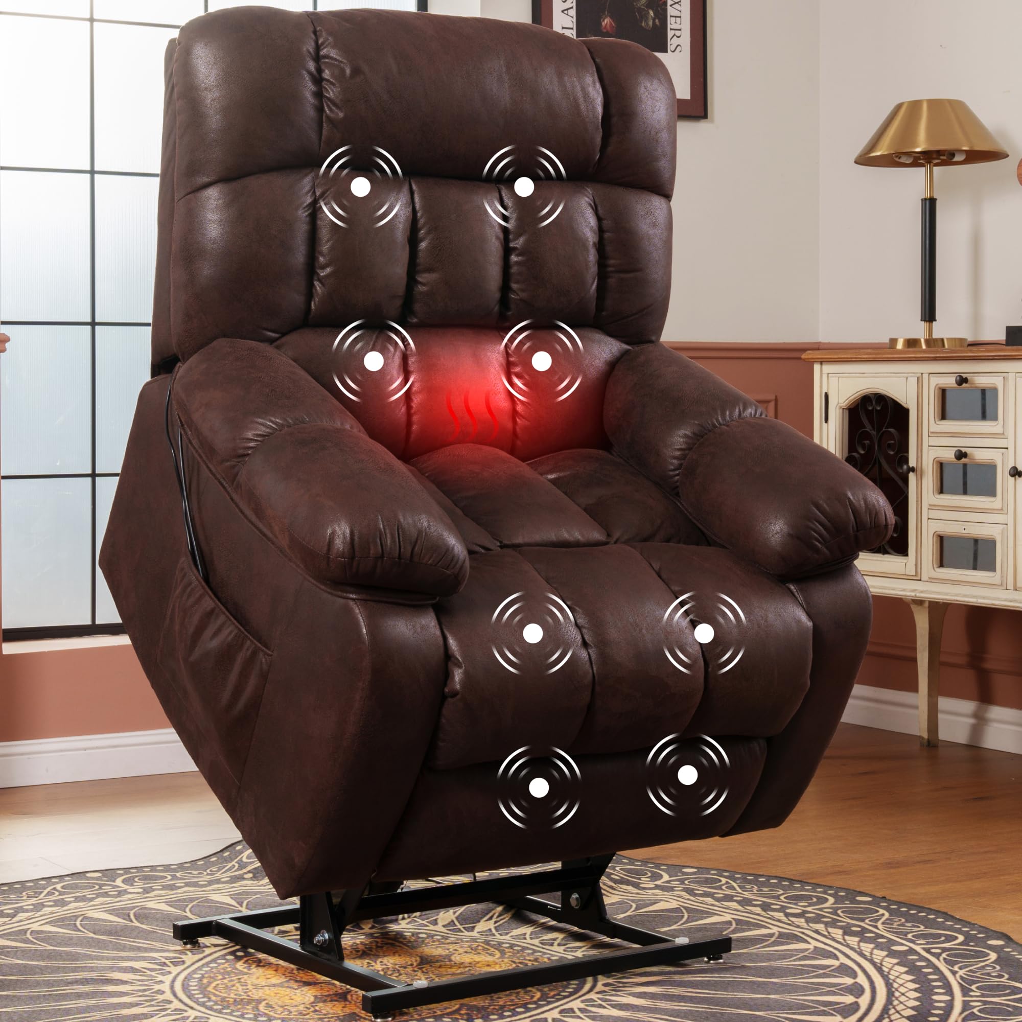 FLEXISPOT XL51 Dual OKIN Motor Power Lift Recliner Chair for Elderly, Lay Flat Electric Recliner with Massage & Heat, USB Ports, Fabric Reclining Sofa for Living Room(Dual Motor Large,Brown)
