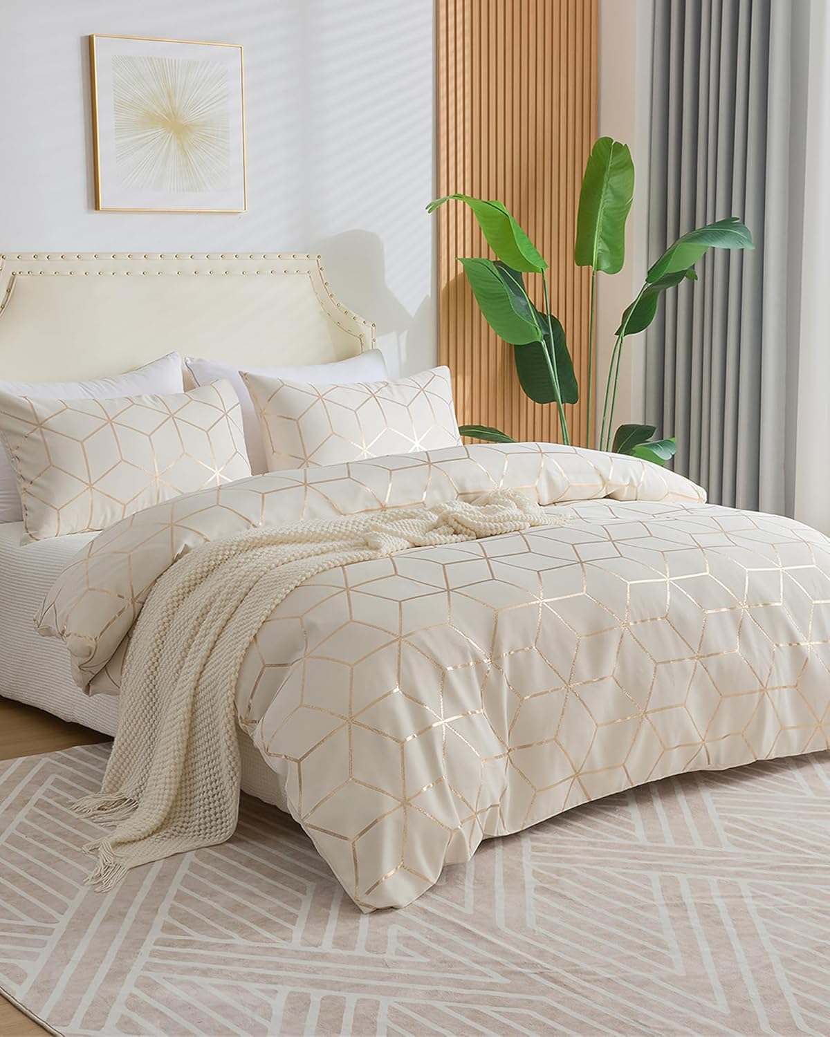 SINGINGLORY Duvet Cover Set 3Pcs Modern Geometric Design with Zipper Closure, Premium Golden Thread Design（Qeen:90×90In，2 Pillow Shams 20"×36" ）