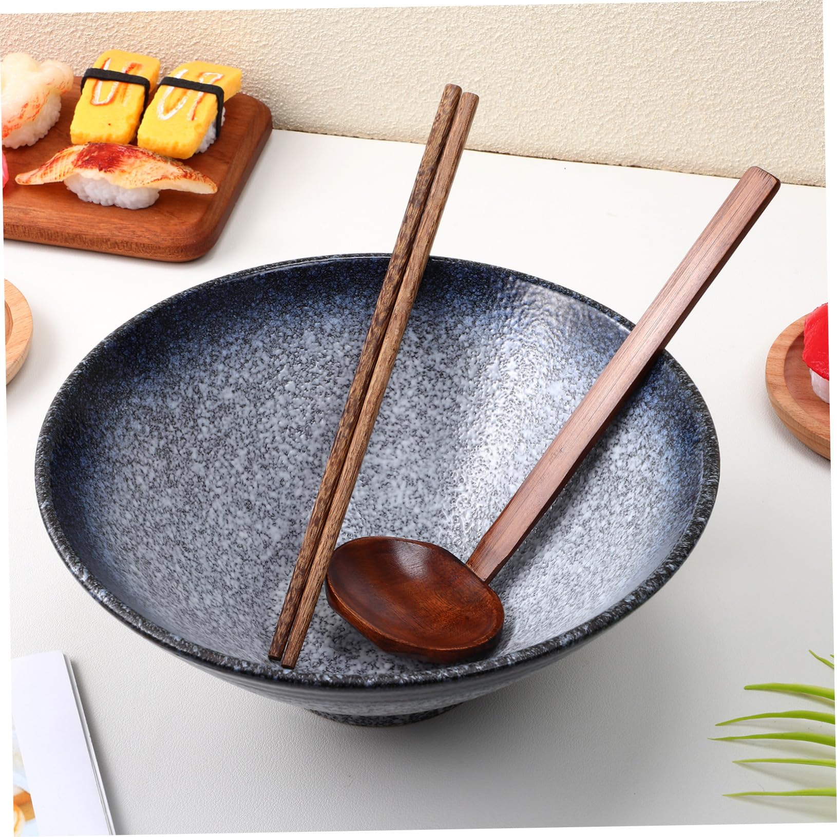 Baluue Bol de Ramen Japonerie 23 Cm en Céramique Bleue, Baguettes en Bois de Poulet, Cuillère en Bois Anti-fuite, Service 3 Pièces pour Repas Maison et Restaurant
