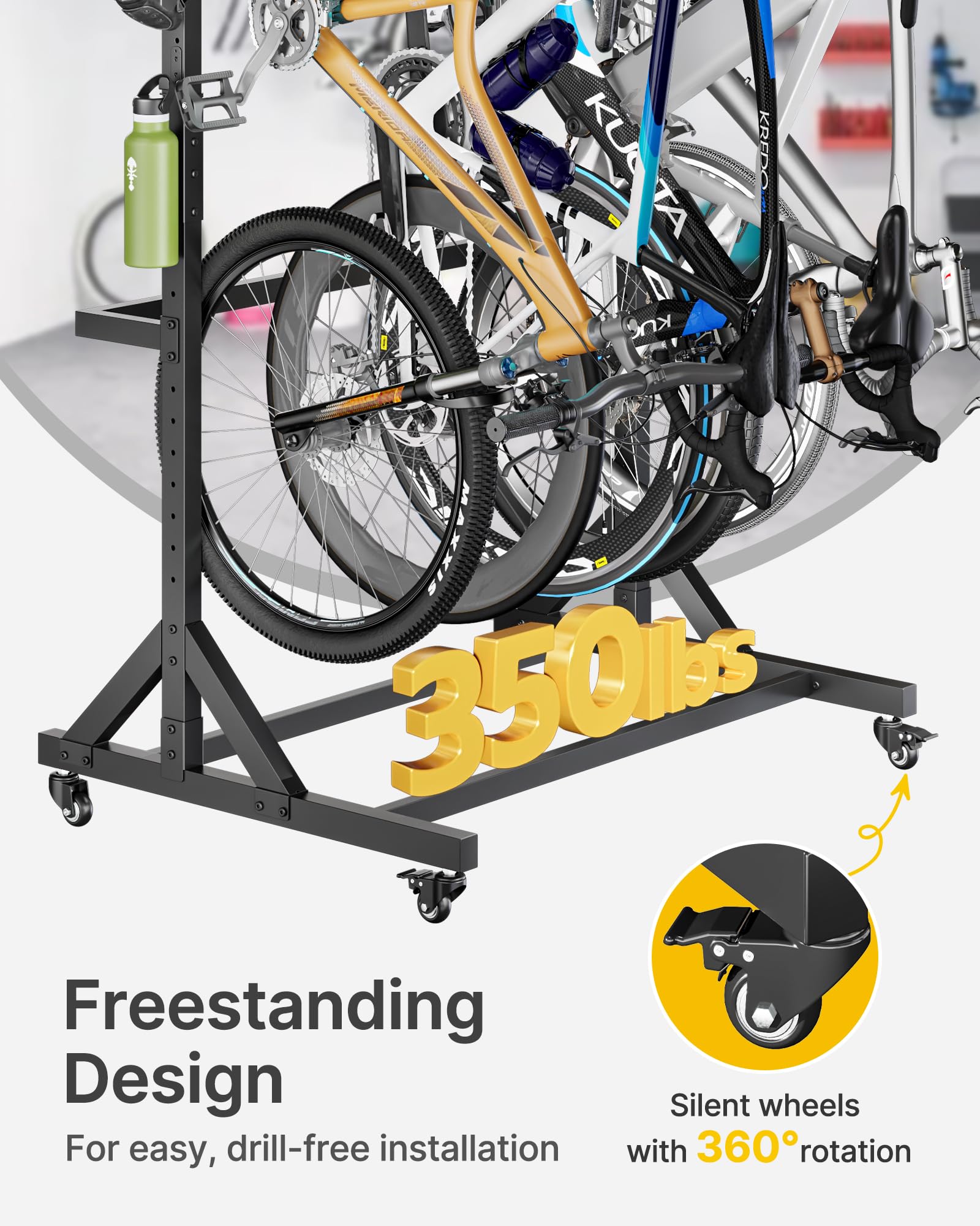 monTEK Freestanding Bike Storage Rack for 5 Bikes, Heavy Duty 350LBS Vertical Bike Stand with 5 Bike Hooks & 6 Helmet Hooks, Indoor and Outdoor Bike Storage Rack with Locking Casters