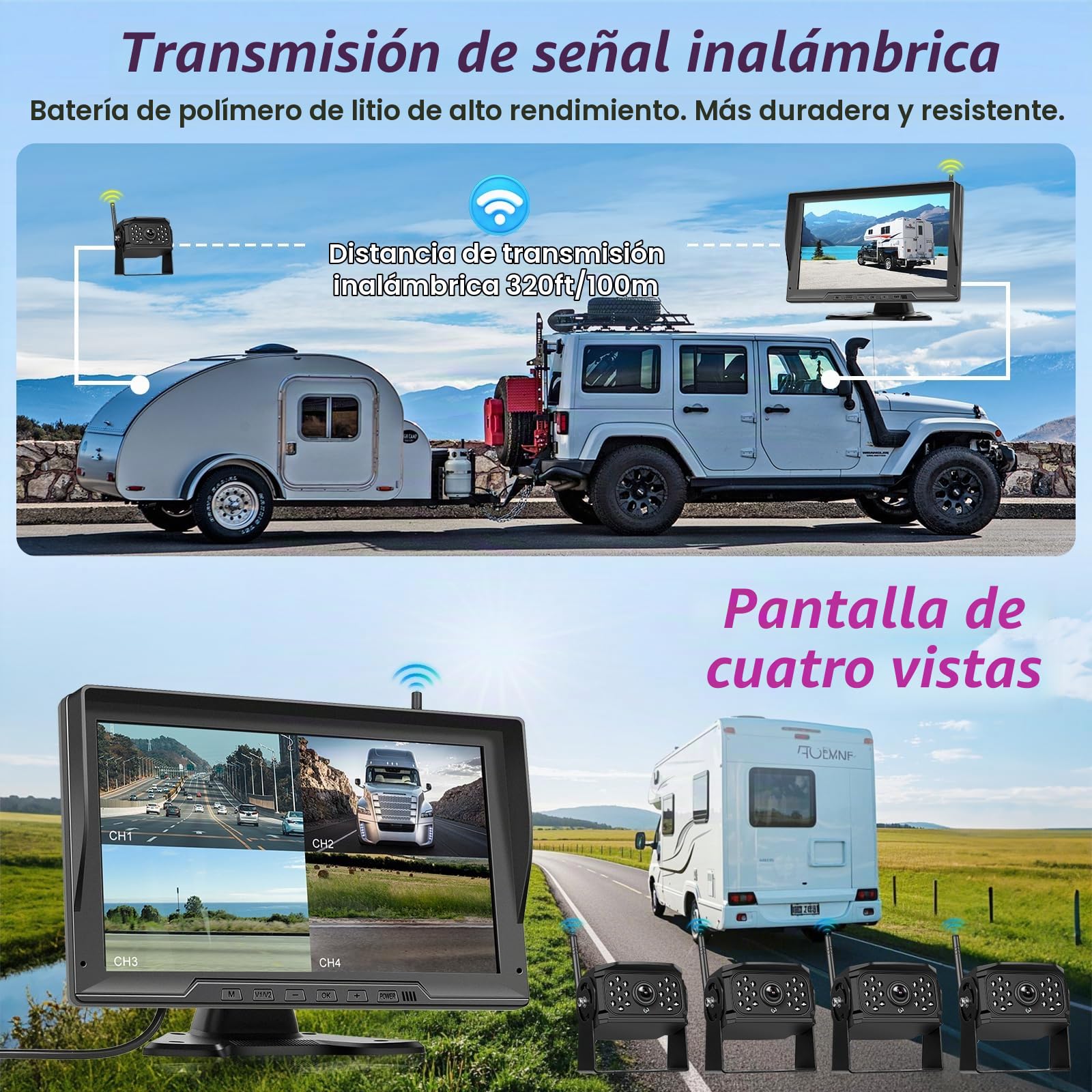 Cámara de Marcha Atrás Inalámbrica Kit, Pantalla Táctil de 10.1 Pulgadas, 4 Cámara de Visión Trasera con IP68 Impermeable,Visión Nocturna, BSD para Camiones,Remolques,Camionetas,Furgonetas Autobuses.